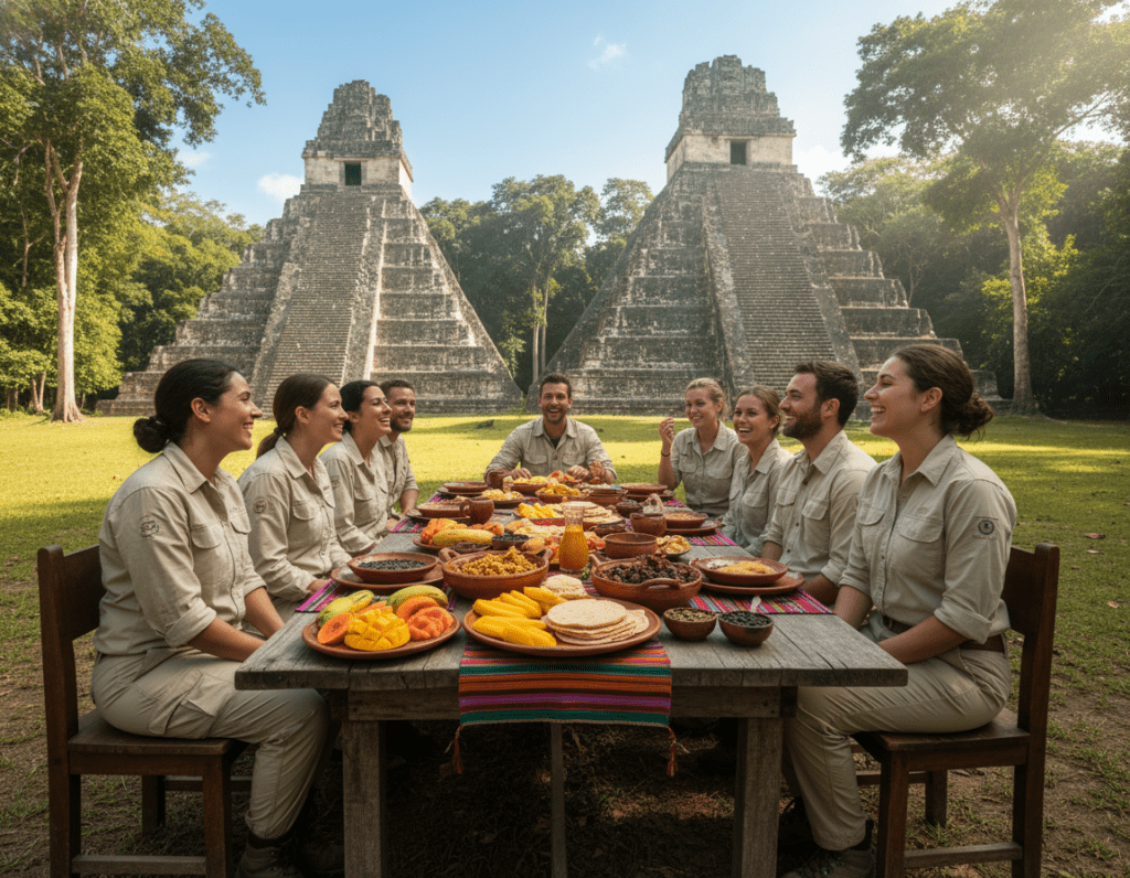 A serene scene showcasing a rustic dining area within Tikal National Park, surrounded by lush tropical trees and ancient Mayan ruins. In the foreground, a wooden table set with traditional Guatemalan dishes, including colorful fruits, tortillas, and local dishes served in earthenware. The middle ground features explorers in modest casual clothing, enjoying their meals and engaging in conversation, while admiring the stunning backdrop. In the background, the towering temples of Tikal rise majestically through the dense jungle foliage. Soft, dappled sunlight filters through the leaves, creating a warm and inviting atmosphere. The overall mood is relaxed and peaceful, highlighting the fusion of nature and local culture. Shot with a wide-angle lens to capture the expansive view and vibrant colors of the scene. A serene scene showcasing a rustic dining area within Tikal National Park, surrounded by lush tropical trees and ancient Mayan ruins. In the foreground, a wooden table set with traditional Guatemalan dishes, including colorful fruits, tortillas, and local dishes served in earthenware. The middle ground features explorers in modest casual clothing, enjoying their meals and engaging in conversation, while admiring the stunning backdrop. In the background, the towering temples of Tikal rise majestically through the dense jungle foliage. Soft, dappled sunlight filters through the leaves, creating a warm and inviting atmosphere. The overall mood is relaxed and peaceful, highlighting the fusion of nature and local culture. Shot with a wide-angle lens to capture the expansive view and vibrant colors of the scene.