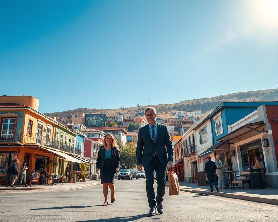 A serene street scene in Valparaíso, Chile, captures a vibrant blend of colorful houses and murals against the hillside. In the foreground, a couple dressed in professional business attire strolls leisurely, exuding an air of calm and safety. The middle ground features charming cafes and small shops with locals engaging in friendly conversations, adding to the warm atmosphere. In the background, the iconic hills of Valparaíso rise under a bright blue sky, with soft, golden sunlight illuminating the scene, creating a relaxed mood. The angle is slightly elevated, giving a panoramic view of the bustling yet tranquil street life. Emphasize the colorful facades and the inviting ambiance of this unique coastal city, ensuring the scene radiates comfort and security. A serene street scene in Valparaíso, Chile, captures a vibrant blend of colorful houses and murals against the hillside. In the foreground, a couple dressed in professional business attire strolls leisurely, exuding an air of calm and safety. The middle ground features charming cafes and small shops with locals engaging in friendly conversations, adding to the warm atmosphere. In the background, the iconic hills of Valparaíso rise under a bright blue sky, with soft, golden sunlight illuminating the scene, creating a relaxed mood. The angle is slightly elevated, giving a panoramic view of the bustling yet tranquil street life. Emphasize the colorful facades and the inviting ambiance of this unique coastal city, ensuring the scene radiates comfort and security.