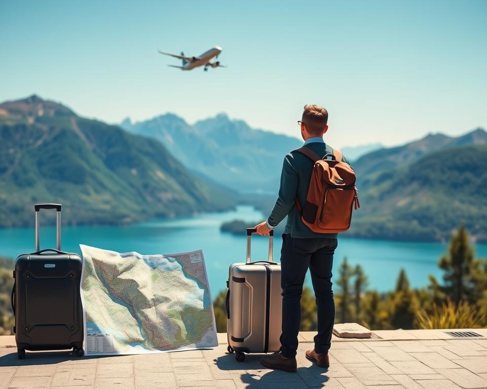 A serene travel scene depicting a journey from Germany to Bariloche, Argentina. In the foreground, a well-dressed traveler with a backpack looks at a detailed map, standing next to sleek, modern luggage. The middle ground showcases an airplane taking off against a clear blue sky, symbolizing the start of the journey. In the background, lush green mountains rise majestically, representing the Andes, with glimpses of the stunning Nahuel Huapi Lake shimmering in the sunlight. The lighting is bright and inviting, suggesting a beautiful day for travel. The angle is slightly elevated, providing a panoramic view that conveys adventure and excitement for the upcoming trip. The overall atmosphere is warm and hopeful, evoking a sense of discovery and connection to nature. A serene travel scene depicting a journey from Germany to Bariloche, Argentina. In the foreground, a well-dressed traveler with a backpack looks at a detailed map, standing next to sleek, modern luggage. The middle ground showcases an airplane taking off against a clear blue sky, symbolizing the start of the journey. In the background, lush green mountains rise majestically, representing the Andes, with glimpses of the stunning Nahuel Huapi Lake shimmering in the sunlight. The lighting is bright and inviting, suggesting a beautiful day for travel. The angle is slightly elevated, providing a panoramic view that conveys adventure and excitement for the upcoming trip. The overall atmosphere is warm and hopeful, evoking a sense of discovery and connection to nature.