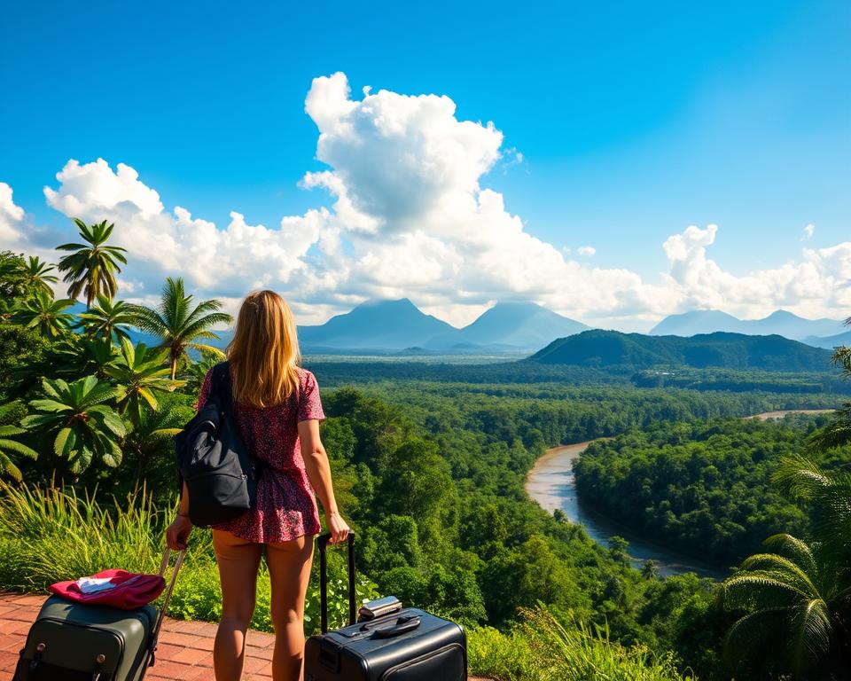 A serene travel scene depicting a journey from Germany to Tortuguero National Park, Costa Rica. The foreground features a well-dressed couple, appearing excited and ready for adventure, with luggage and travel essentials. The middle ground shows a scenic view of a lush, green rainforest, with soft trails and a glimpse of a river reflecting the sunlight. In the background, majestic mountains rise under a clear blue sky with fluffy white clouds, suggesting a vibrant ecosystem. The lighting is warm and inviting, reminiscent of a tropical climate, emphasizing the natural beauty of the environment. The mood is adventurous and hopeful, capturing the essence of a journey towards a tranquil, exotic destination. A serene travel scene depicting a journey from Germany to Tortuguero National Park, Costa Rica. The foreground features a well-dressed couple, appearing excited and ready for adventure, with luggage and travel essentials. The middle ground shows a scenic view of a lush, green rainforest, with soft trails and a glimpse of a river reflecting the sunlight. In the background, majestic mountains rise under a clear blue sky with fluffy white clouds, suggesting a vibrant ecosystem. The lighting is warm and inviting, reminiscent of a tropical climate, emphasizing the natural beauty of the environment. The mood is adventurous and hopeful, capturing the essence of a journey towards a tranquil, exotic destination.