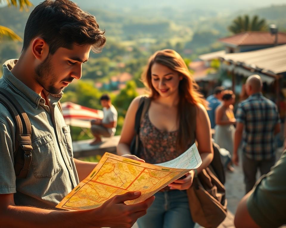 A serene travel scene depicting various groups of travelers in Honduras, emphasizing safety and comfort. In the foreground, a diverse family, dressed in modest, casual clothing, is closely examining a detailed map with a look of determination and excitement. In the middle ground, a couple enjoys a local market, engaging with vendors and interacting with the vibrant surroundings. The background showcases a picturesque landscape of lush greenery and traditional Honduran architecture, bathed in warm, golden sunlight. The atmosphere is inviting and reassuring, reflecting a sense of exploration with an underlying theme of security. Capture the scene from a slightly elevated angle to provide depth, with soft, natural lighting to enhance the peaceful yet adventurous mood. A serene travel scene depicting various groups of travelers in Honduras, emphasizing safety and comfort. In the foreground, a diverse family, dressed in modest, casual clothing, is closely examining a detailed map with a look of determination and excitement. In the middle ground, a couple enjoys a local market, engaging with vendors and interacting with the vibrant surroundings. The background showcases a picturesque landscape of lush greenery and traditional Honduran architecture, bathed in warm, golden sunlight. The atmosphere is inviting and reassuring, reflecting a sense of exploration with an underlying theme of security. Capture the scene from a slightly elevated angle to provide depth, with soft, natural lighting to enhance the peaceful yet adventurous mood.