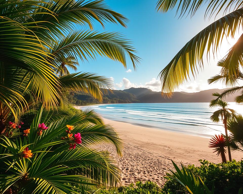 A serene tropical landscape depicting Montezuma, Costa Rica during the optimal travel season. In the foreground, lush green palms sway gently, with colorful flowers blooming under the warm sunlight. The middle ground features a tranquil beach with soft white sands, where gentle waves lap at the shore, reflecting the vibrant blue of the sky. In the background, verdant hills shimmering in the distance are dotted with diverse flora. The scene is illuminated by golden hour lighting, creating a warm, inviting ambiance. A slight breeze can be sensed, enhancing the relaxing atmosphere. Capture this idyllic paradise using a wide-angle lens to convey depth and immerse viewers in the beauty of Montezuma's climate during its best travel time, ensuring a peaceful and inviting mood. A serene tropical landscape depicting Montezuma, Costa Rica during the optimal travel season. In the foreground, lush green palms sway gently, with colorful flowers blooming under the warm sunlight. The middle ground features a tranquil beach with soft white sands, where gentle waves lap at the shore, reflecting the vibrant blue of the sky. In the background, verdant hills shimmering in the distance are dotted with diverse flora. The scene is illuminated by golden hour lighting, creating a warm, inviting ambiance. A slight breeze can be sensed, enhancing the relaxing atmosphere. Capture this idyllic paradise using a wide-angle lens to convey depth and immerse viewers in the beauty of Montezuma's climate during its best travel time, ensuring a peaceful and inviting mood.