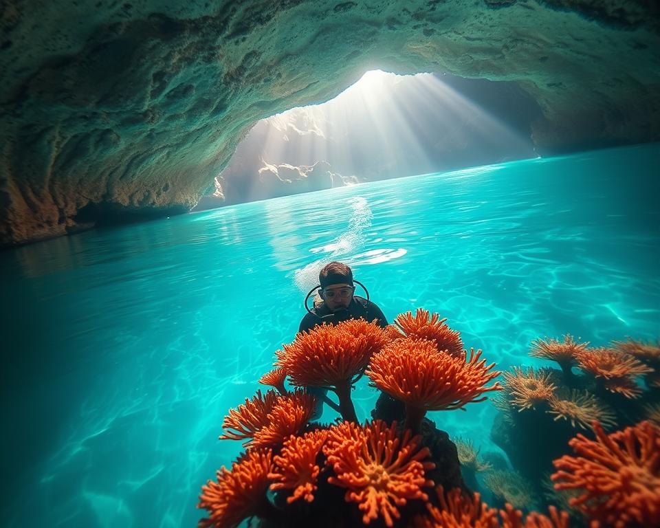 A serene underwater scene depicting a diver exploring a stunning cenote in Mexico. In the foreground, a professional diver in a wetsuit examines vibrant coral formations with a focused expression. The middle layer features crystal-clear turquoise water illuminated by soft, diffused sunlight filtering through the rocky ceiling above, highlighting the intricate textures of the cenote walls. In the background, the faint outline of ancient stone formations creates a sense of depth and mystery. The overall atmosphere is tranquil and inviting, showcasing the beauty of the cenote while suggesting a sense of exploration. The image should use a wide-angle lens to capture the expansive underwater landscape, with bright, natural lighting enhancing the vivid colors of the aquatic environment. A serene underwater scene depicting a diver exploring a stunning cenote in Mexico. In the foreground, a professional diver in a wetsuit examines vibrant coral formations with a focused expression. The middle layer features crystal-clear turquoise water illuminated by soft, diffused sunlight filtering through the rocky ceiling above, highlighting the intricate textures of the cenote walls. In the background, the faint outline of ancient stone formations creates a sense of depth and mystery. The overall atmosphere is tranquil and inviting, showcasing the beauty of the cenote while suggesting a sense of exploration. The image should use a wide-angle lens to capture the expansive underwater landscape, with bright, natural lighting enhancing the vivid colors of the aquatic environment.