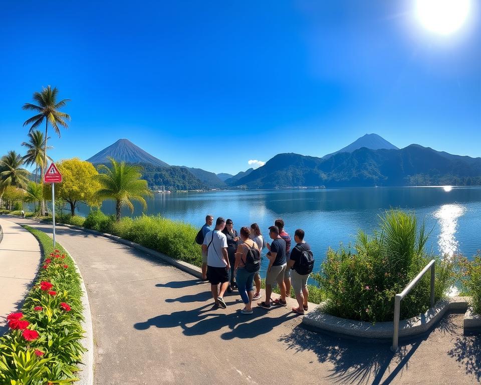 A serene view of Lago Atitlán in Guatemala, capturing the essence of safety and tranquility. In the foreground, a well-maintained walking path beside the lake, lined with vibrant tropical flowers and local safety signage, suggesting a clean and secure environment. The middle ground features a small group of travelers, dressed in modest casual clothing, enjoying a peaceful moment while taking in the breathtaking scenery. In the background, the iconic volcanoes and lush mountains rise majestically against a clear blue sky, with the sun casting a warm golden light over the water, creating a calm and inviting ambiance. Emphasize a clear, bright atmosphere, showcasing the natural beauty and safety of this enchanting location, using a slightly elevated angle for a panoramic perspective. A serene view of Lago Atitlán in Guatemala, capturing the essence of safety and tranquility. In the foreground, a well-maintained walking path beside the lake, lined with vibrant tropical flowers and local safety signage, suggesting a clean and secure environment. The middle ground features a small group of travelers, dressed in modest casual clothing, enjoying a peaceful moment while taking in the breathtaking scenery. In the background, the iconic volcanoes and lush mountains rise majestically against a clear blue sky, with the sun casting a warm golden light over the water, creating a calm and inviting ambiance. Emphasize a clear, bright atmosphere, showcasing the natural beauty and safety of this enchanting location, using a slightly elevated angle for a panoramic perspective.