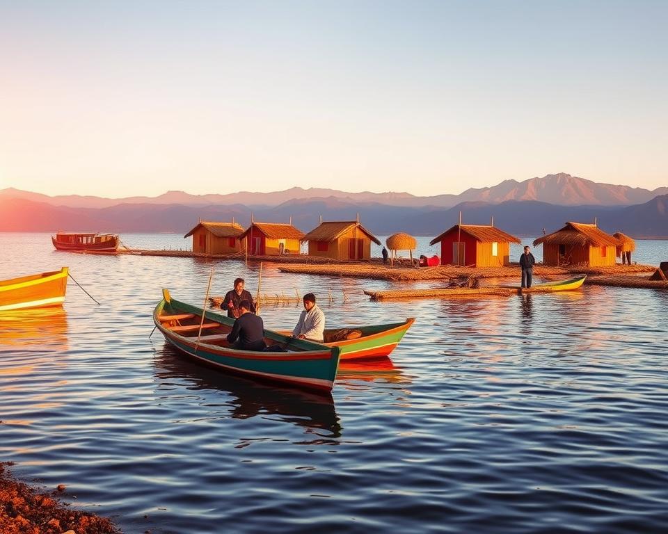 A serene view of Lake Titicaca during sunrise, with gentle ripples on the water reflecting the early morning light. In the foreground, traditional Peruvian colorful reed boats are moored along the shore, with locals in modest clothing engaging in daily activities. The middle ground features the iconic Uros floating islands, showcasing vibrant houses made of totora reeds, while a couple of smiling travelers interact with the islanders. In the background, the majestic Andes mountains rise under a clear blue sky. Soft golden light bathes the scene, creating a warm and inviting atmosphere, capturing the essence of traditions, islands, and homestays. The composition should have a wide angle to encapsulate the landscape, evoking a sense of adventure and cultural richness.