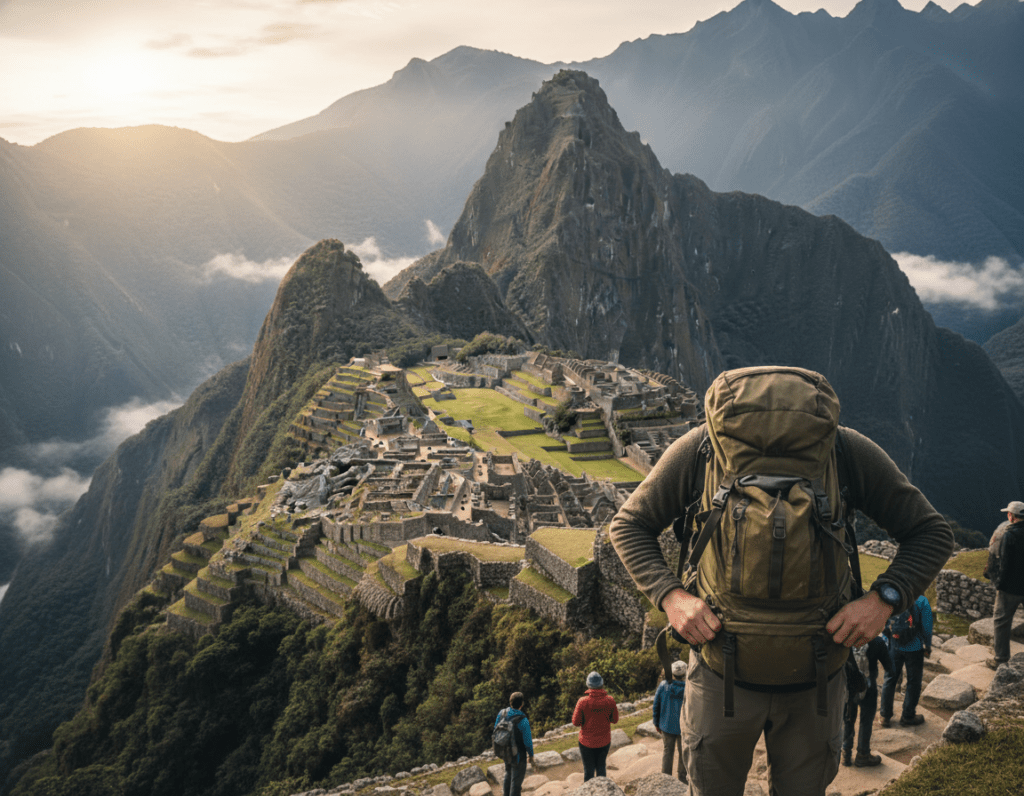 A serene view of Machu Picchu during a slow ascent, showcasing hikers in modest casual clothing, carefully navigating the ancient stone terraces. In the foreground, depict a close-up of a climber adjusting their backpack, with a backdrop of lush green valleys and misty mountains. The middle ground features the iconic ruins of Machu Picchu under a soft, golden morning light, enhancing the tranquil atmosphere. Add wisps of fog gently rolling through the scene, emphasizing the breathtaking height and depth of the Andean landscape. Capture this at a wide-angle perspective to convey the vastness of the site, with a focus on the harmonious blend of nature and history, evoking a sense of adventure and careful physical activity.