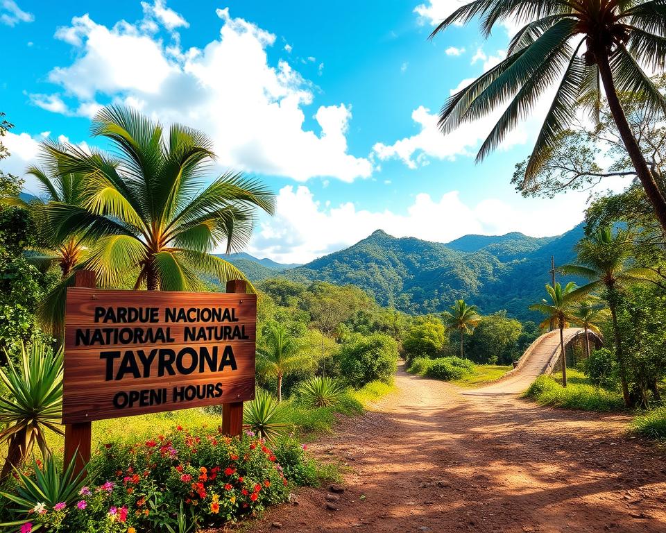 A serene view of Parque Nacional Natural Tayrona, showcasing a lush landscape filled with vibrant tropical greenery and iconic palm trees. In the foreground, a well-maintained wooden sign displaying the opening hours, surrounded by colorful wildflowers and natural vegetation. In the middle ground, a winding dirt path leading deeper into the park, inviting visitors. The background features majestic hills draped in dense foliage under a bright blue sky scattered with soft white clouds, creating a tranquil atmosphere. Soft, warm sunlight filters through the trees, casting gentle shadows. The mood is inviting and peaceful, ideal for nature lovers planning their visit. The perspective is slightly elevated to capture the expansive beauty of the park. No people are included to maintain focus on the natural setting. A serene view of Parque Nacional Natural Tayrona, showcasing a lush landscape filled with vibrant tropical greenery and iconic palm trees. In the foreground, a well-maintained wooden sign displaying the opening hours, surrounded by colorful wildflowers and natural vegetation. In the middle ground, a winding dirt path leading deeper into the park, inviting visitors. The background features majestic hills draped in dense foliage under a bright blue sky scattered with soft white clouds, creating a tranquil atmosphere. Soft, warm sunlight filters through the trees, casting gentle shadows. The mood is inviting and peaceful, ideal for nature lovers planning their visit. The perspective is slightly elevated to capture the expansive beauty of the park. No people are included to maintain focus on the natural setting.