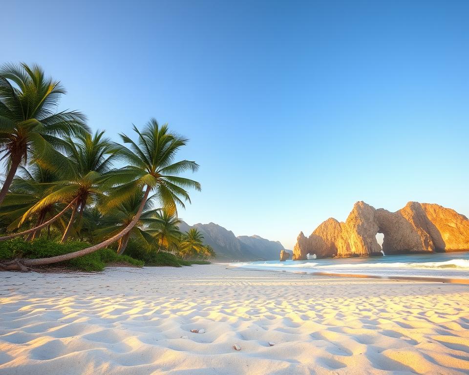 A serene view of Playa de la Solapa at sunrise, capturing soft golden light reflecting off gentle waves. In the foreground, fine white sand stretches invitingly, with a few seashells scattered about. In the middle, lush green palm trees sway slightly in a light breeze, framing a pathway leading towards the beach, hinting at easy accessibility. In the background, majestic cliffs rise dramatically against a clear azure sky, providing a stunning contrast. The atmosphere is tranquil and inviting, perfect for a peaceful escape. Use a wide-angle lens to capture the expansive beauty of the scene, emphasizing the warm hues of dawn while ensuring a bright, fresh feel without any text or distractions. A serene view of Playa de la Solapa at sunrise, capturing soft golden light reflecting off gentle waves. In the foreground, fine white sand stretches invitingly, with a few seashells scattered about. In the middle, lush green palm trees sway slightly in a light breeze, framing a pathway leading towards the beach, hinting at easy accessibility. In the background, majestic cliffs rise dramatically against a clear azure sky, providing a stunning contrast. The atmosphere is tranquil and inviting, perfect for a peaceful escape. Use a wide-angle lens to capture the expansive beauty of the scene, emphasizing the warm hues of dawn while ensuring a bright, fresh feel without any text or distractions.