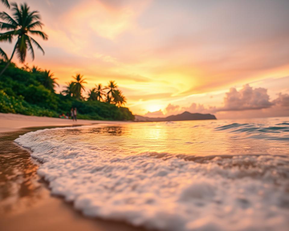 A serene view of Playa de la Solapa during the ideal travel season, capturing the essence of tranquility and natural beauty. In the foreground, gently lapping waves kiss the sandy shore, reflecting golden sunlight. The middle ground features lush tropical vegetation framing the beach, with a few beachgoers in modest casual attire enjoying the landscape. In the background, a vibrant sunset casts warm hues of orange, pink, and purple across the sky, with soft clouds adding depth to the scene. The composition is set at a low angle, emphasizing the gentle slope of the beach and the inviting water. The atmosphere is calm and idyllic, evoking a sense of peaceful escape and natural wonder, illuminated by soft, warm lighting that highlights the beauty of this dream destination. A serene view of Playa de la Solapa during the ideal travel season, capturing the essence of tranquility and natural beauty. In the foreground, gently lapping waves kiss the sandy shore, reflecting golden sunlight. The middle ground features lush tropical vegetation framing the beach, with a few beachgoers in modest casual attire enjoying the landscape. In the background, a vibrant sunset casts warm hues of orange, pink, and purple across the sky, with soft clouds adding depth to the scene. The composition is set at a low angle, emphasizing the gentle slope of the beach and the inviting water. The atmosphere is calm and idyllic, evoking a sense of peaceful escape and natural wonder, illuminated by soft, warm lighting that highlights the beauty of this dream destination.
