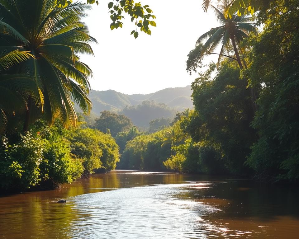 A serene view of Tortuguero National Park in Costa Rica during the best travel season, capturing the lush, vibrant greenery of the rainforest. In the foreground, a tranquil river flows gently, reflecting the clear blue sky and surrounded by dense foliage, while a variety of seasonal wildlife, such as colorful birds and turtles, can be seen basking on the riverbank. In the middle ground, a canopy of towering trees provides shade and depth, their leaves a rich palette of greens. The background features rolling hills under soft, golden sunlight, creating a warm and inviting atmosphere. The image should have soft, natural lighting, with a slightly elevated angle, inviting viewers to immerse themselves in the beauty of nature and the peacefulness of this unique ecosystem. A serene view of Tortuguero National Park in Costa Rica during the best travel season, capturing the lush, vibrant greenery of the rainforest. In the foreground, a tranquil river flows gently, reflecting the clear blue sky and surrounded by dense foliage, while a variety of seasonal wildlife, such as colorful birds and turtles, can be seen basking on the riverbank. In the middle ground, a canopy of towering trees provides shade and depth, their leaves a rich palette of greens. The background features rolling hills under soft, golden sunlight, creating a warm and inviting atmosphere. The image should have soft, natural lighting, with a slightly elevated angle, inviting viewers to immerse themselves in the beauty of nature and the peacefulness of this unique ecosystem.