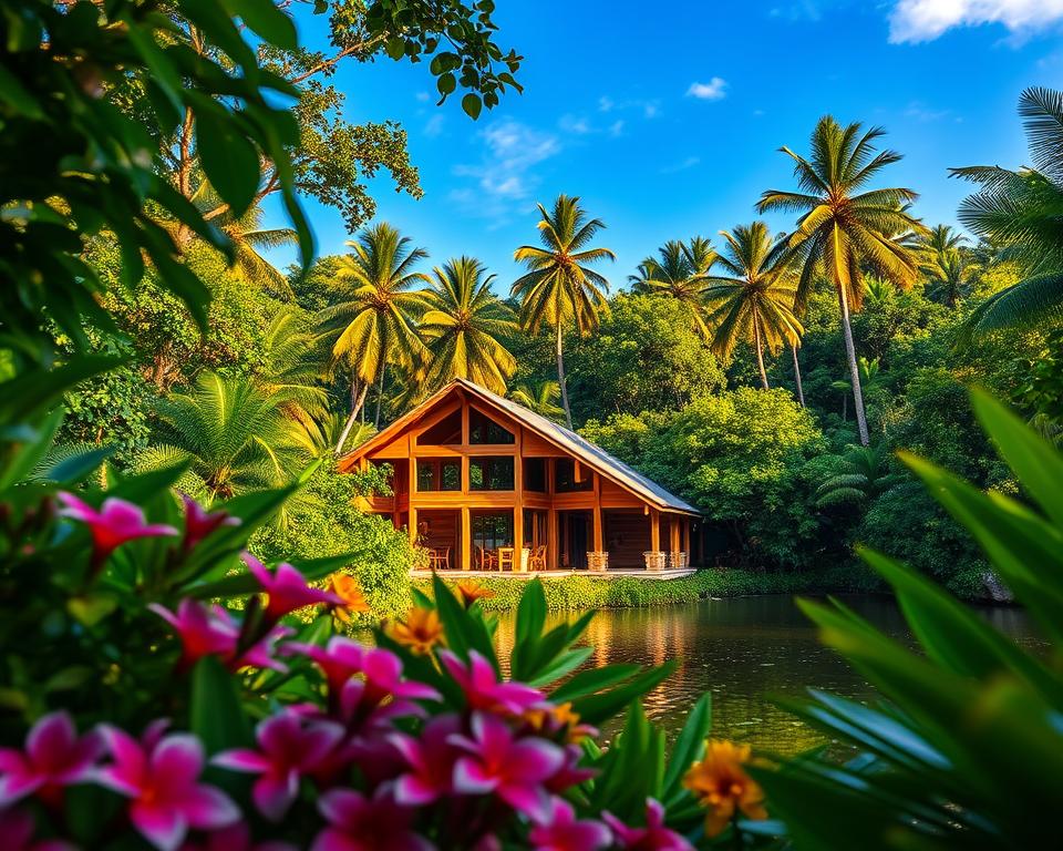 A serene view of the Tortuguero Lodge nestled within the lush greenery of Tortuguero National Park in Costa Rica. In the foreground, vibrant tropical flowers and dense foliage frame the image, adding color and life. The middle ground features the rustic architecture of the lodge, made of natural wood with large windows showcasing its inviting interior. In the background, the tranquil waters of the Tortuguero canals reflect the vivid blue sky, flanked by towering palm trees and dense jungle. The scene is lit by warm, golden sunlight filtering through the trees, creating a peaceful and welcoming atmosphere, perfect for nature lovers and travelers. The overall mood is calm and tranquil, evoking a sense of exploration and relaxation in a pristine natural environment.