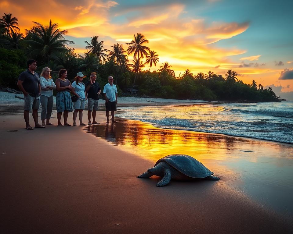 A serene view of the Tortuguero beach in Costa Rica during twilight. In the foreground, a group of responsible tourists, dressed in modest casual clothing, observe a nesting sea turtle on the sandy shore. They are quietly observing without disturbing the turtle, emphasizing the importance of eco-friendly tourism. In the middle ground, gentle waves lap against the shore, illuminated by soft, warm light from a setting sun, casting a golden hue on the wet sand. The background features lush, vibrant tropical foliage and palm trees silhouetted against a colorful sky transitioning from orange to deep blue. The atmosphere is tranquil and respectful, reflecting the essence of responsible wildlife encounters. Capture this scene with a wide-angle lens to encompass the beauty of the beach and nature.