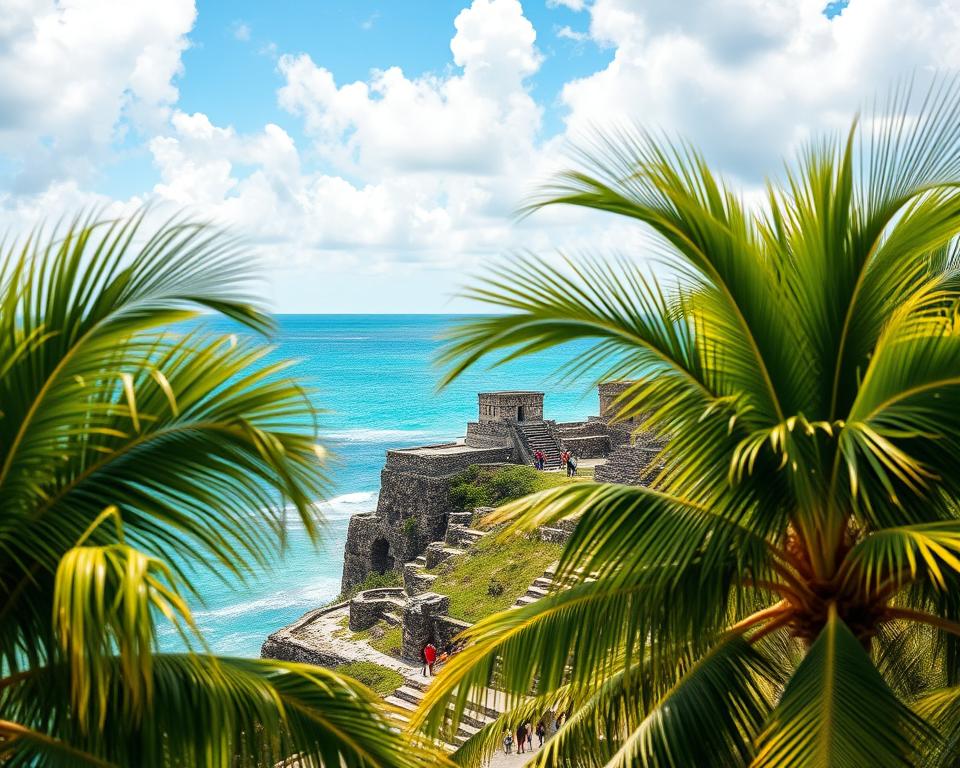 A serene view of the Tulum Ruins, showcasing the ancient Mayan architecture perched on a cliff overlooking the Caribbean Sea. In the foreground, lush green palm trees sway gently in the breeze, framing the scene. The middle ground features well-preserved stone structures with intricate carvings and small groups of visitors dressed in modest casual clothing, observing the site respectfully and following safety rules. The background reveals a vibrant blue sky mingling with soft white clouds, while the turquoise water glistens in the sunlight. The lighting is warm and inviting, capturing the tranquil atmosphere of the site. The angle should offer a slight elevation, providing a comprehensive view of both the ruins and the surrounding natural beauty. The overall mood is peaceful, emphasizing the importance of respect and safety at this historic location. A serene view of the Tulum Ruins, showcasing the ancient Mayan architecture perched on a cliff overlooking the Caribbean Sea. In the foreground, lush green palm trees sway gently in the breeze, framing the scene. The middle ground features well-preserved stone structures with intricate carvings and small groups of visitors dressed in modest casual clothing, observing the site respectfully and following safety rules. The background reveals a vibrant blue sky mingling with soft white clouds, while the turquoise water glistens in the sunlight. The lighting is warm and inviting, capturing the tranquil atmosphere of the site. The angle should offer a slight elevation, providing a comprehensive view of both the ruins and the surrounding natural beauty. The overall mood is peaceful, emphasizing the importance of respect and safety at this historic location.