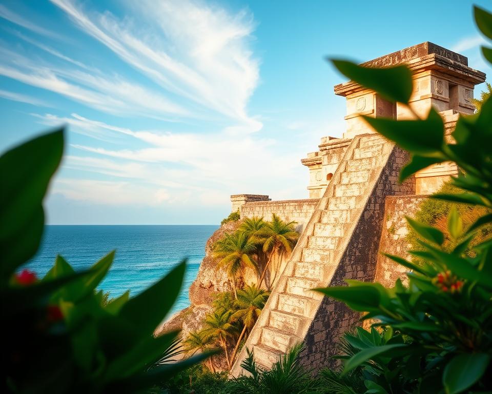 A serene view of the ancient Maya ruins in Tulum, showcasing the iconic temple structure atop a cliff overlooking the Caribbean Sea. In the foreground, lush greenery with tropical plants and vibrant flowers frame the scene, adding depth and color. The middle ground reveals the weathered stone walls of the ruins, with intricate carvings visible in the soft sunlight. The background features a clear blue sky with wispy clouds, highlighting the ancient structures against nature. Use warm, golden hour lighting to create a tranquil and inviting atmosphere, evoking a sense of mystery and history. The angle should be slightly elevated, capturing the grandeur of the ruins while maintaining a focus on the surrounding natural beauty.