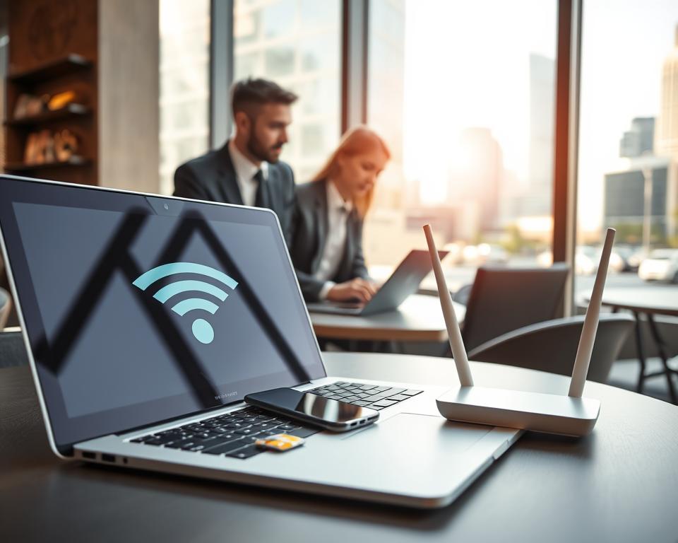 A sleek and modern cafe setting with a digital security theme. In the foreground, a stylish laptop with an active Wi-Fi symbol on the screen, surrounded by a smartphone, a SIM card, and a Wi-Fi router, implying digital safety. The middle layer features two professionals in business attire, engaged in conversation, with their laptops open, analyzing security protocols. In the background, a large window displays a bright, sunny day in a bustling city, suggesting connectivity and communication. Soft, natural lighting highlights the scene, creating a warm and inviting atmosphere. The angle captures the hustle of the city while focusing on the importance of WLAN security, ensuring a sense of trustworthiness and professionalism in digital communications. A sleek and modern cafe setting with a digital security theme. In the foreground, a stylish laptop with an active Wi-Fi symbol on the screen, surrounded by a smartphone, a SIM card, and a Wi-Fi router, implying digital safety. The middle layer features two professionals in business attire, engaged in conversation, with their laptops open, analyzing security protocols. In the background, a large window displays a bright, sunny day in a bustling city, suggesting connectivity and communication. Soft, natural lighting highlights the scene, creating a warm and inviting atmosphere. The angle captures the hustle of the city while focusing on the importance of WLAN security, ensuring a sense of trustworthiness and professionalism in digital communications.