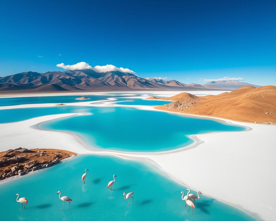 A stunning aerial view of Lagunen Atacama, showcasing vibrant turquoise lakes surrounded by stark white salt flats under a bright azure sky. In the foreground, delicate flamingos wade gracefully in the shallow water, their pink feathers contrasting beautifully with the landscape. The middle ground features gently sloping hills dotted with patches of green vegetation and gray volcanic rocks, adding texture and depth to the scene. In the background, the majestic Andes mountains rise dramatically, partially shrouded in soft wisps of clouds. The sunlight bathes the entire scene in a warm, golden hue, creating a serene and tranquil atmosphere. Capture this landscape using a wide-angle lens to emphasize the vastness of this unique natural wonder.
