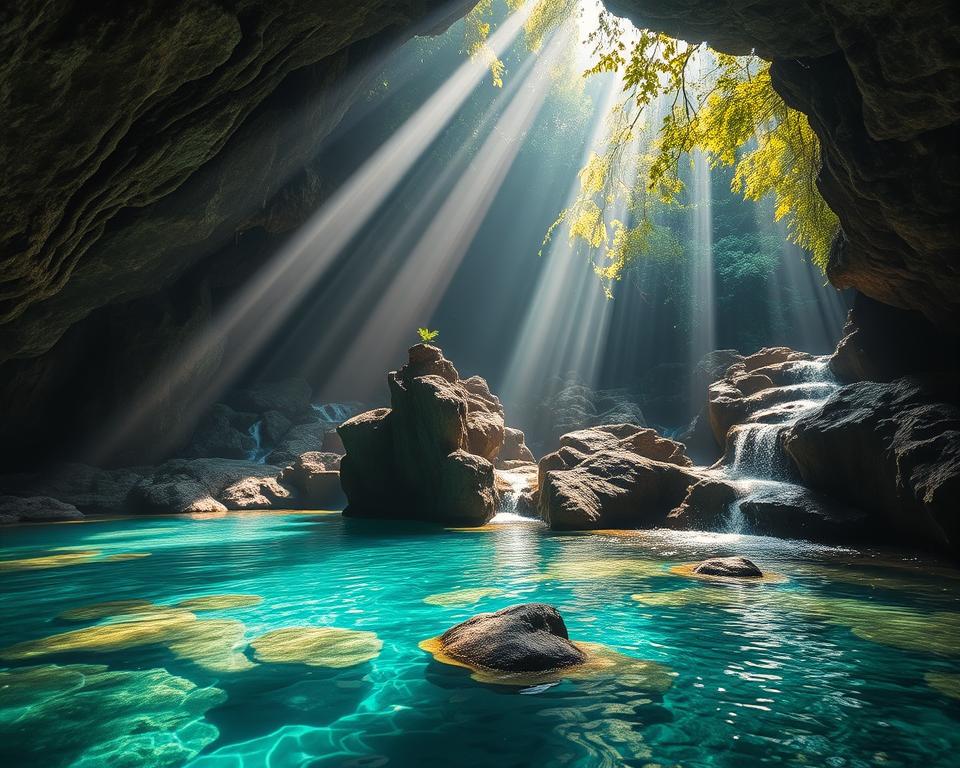 A stunning cenote illuminated by ethereal light beams slicing through the dense, green foliage above. In the foreground, crystal-clear water reflects the sunlight, creating sparkling patterns on the rocky, natural limestone walls adorned with moss and ferns. In the middle ground, large jagged rocks jut out, creating natural paths and small waterfalls that cascade into the serene pool. The background features a lush jungle that filters the light, casting a mystical glow over the whole scene. The atmosphere is calm and enchanting, inviting viewers to explore this hidden gem of Yucatán. Use soft, warm lighting to enhance the inviting nature of the cenote and capture the essence of a tranquil and magical underwater paradise, shot from a low angle to emphasize the depth and beauty of the location. A stunning cenote illuminated by ethereal light beams slicing through the dense, green foliage above. In the foreground, crystal-clear water reflects the sunlight, creating sparkling patterns on the rocky, natural limestone walls adorned with moss and ferns. In the middle ground, large jagged rocks jut out, creating natural paths and small waterfalls that cascade into the serene pool. The background features a lush jungle that filters the light, casting a mystical glow over the whole scene. The atmosphere is calm and enchanting, inviting viewers to explore this hidden gem of Yucatán. Use soft, warm lighting to enhance the inviting nature of the cenote and capture the essence of a tranquil and magical underwater paradise, shot from a low angle to emphasize the depth and beauty of the location.