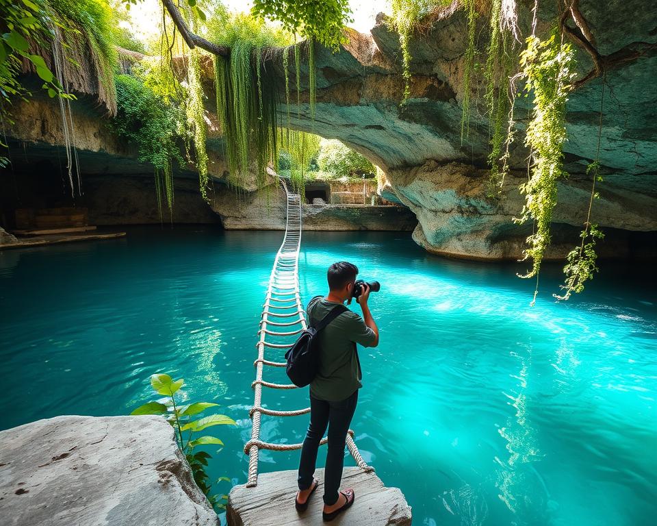 A stunning cenote in Yucatan with crystal-clear turquoise water reflecting the sunlight, surrounded by lush green foliage and ancient limestone cliffs. In the foreground, a photographer is positioned on a natural stone platform, capturing the landscape with a professional camera, dressed in modest casual clothing. In the middle ground, a rope ladder leads down to the water, inviting exploration. The background features a dramatic, overhanging rock formation draped with vibrant green vines and small ferns, while soft rays of sunlight filter through the canopy, casting dappled patterns on the water's surface. The scene conveys a serene yet adventurous mood, perfect for capturing the ethereal beauty of cenotes. Use soft lighting with a wide-angle perspective to enhance the depth and vivid colors of this enchanting location. A stunning cenote in Yucatan with crystal-clear turquoise water reflecting the sunlight, surrounded by lush green foliage and ancient limestone cliffs. In the foreground, a photographer is positioned on a natural stone platform, capturing the landscape with a professional camera, dressed in modest casual clothing. In the middle ground, a rope ladder leads down to the water, inviting exploration. The background features a dramatic, overhanging rock formation draped with vibrant green vines and small ferns, while soft rays of sunlight filter through the canopy, casting dappled patterns on the water's surface. The scene conveys a serene yet adventurous mood, perfect for capturing the ethereal beauty of cenotes. Use soft lighting with a wide-angle perspective to enhance the depth and vivid colors of this enchanting location.