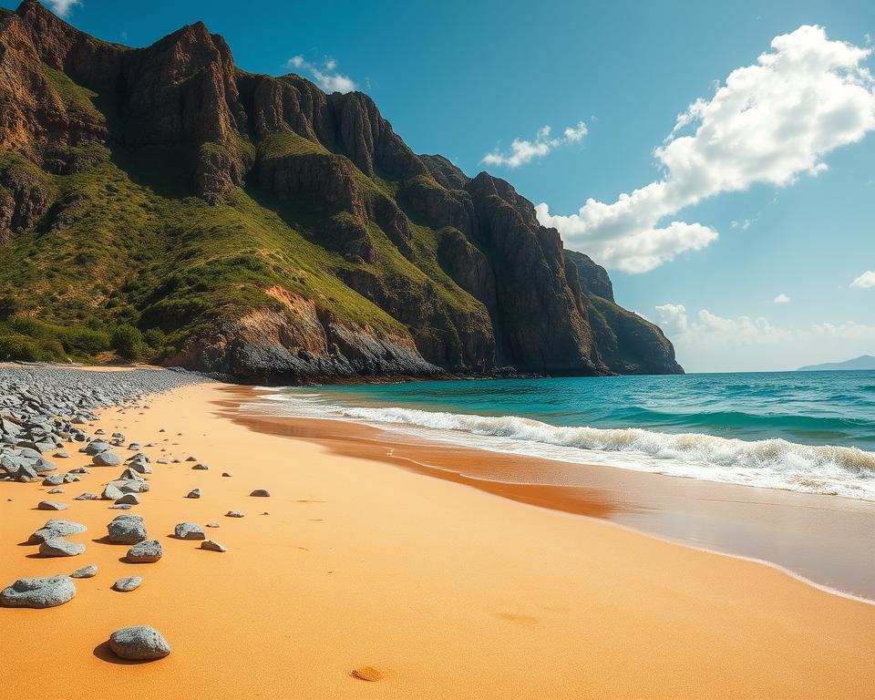 A stunning coastal view of Playa de la Solapa, capturing the unique beach profile. In the foreground, soft golden sand meets the gentle lapping waves of a turquoise sea. Scattered smooth pebbles and small, weathered rocks create a natural border along the shoreline, enhancing the beach's character. In the middle ground, the vibrant greenery of rugged cliffs rises dramatically, dotted with sunlit patches and subtle textures, illustrating the diverse flora of the area. In the background, a clear blue sky with fluffy white clouds adds to the serene atmosphere, illuminated by warm sunlight. The overall mood is tranquil and inviting, perfect for beach lovers and nature enthusiasts. The angle is slightly elevated, offering a panoramic perspective of this pristine and picturesque environment. A stunning coastal view of Playa de la Solapa, capturing the unique beach profile. In the foreground, soft golden sand meets the gentle lapping waves of a turquoise sea. Scattered smooth pebbles and small, weathered rocks create a natural border along the shoreline, enhancing the beach's character. In the middle ground, the vibrant greenery of rugged cliffs rises dramatically, dotted with sunlit patches and subtle textures, illustrating the diverse flora of the area. In the background, a clear blue sky with fluffy white clouds adds to the serene atmosphere, illuminated by warm sunlight. The overall mood is tranquil and inviting, perfect for beach lovers and nature enthusiasts. The angle is slightly elevated, offering a panoramic perspective of this pristine and picturesque environment.