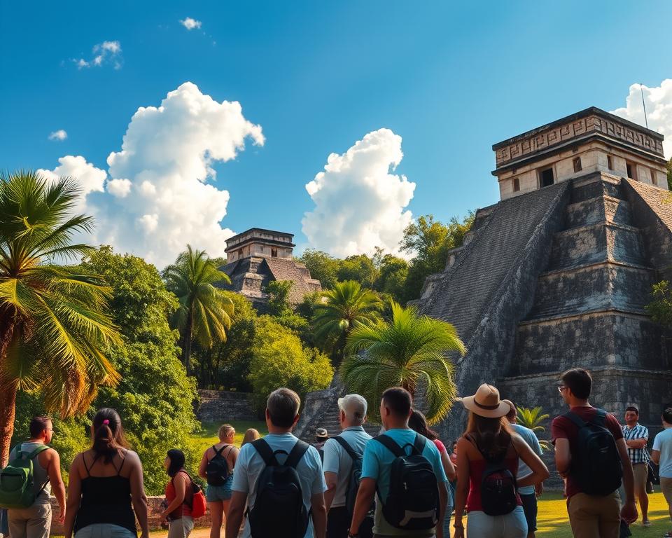 A stunning depiction of the majestic Maya ruins near Valladolid, Yucatán. In the foreground, a group of tourists in modest casual clothing, marveling at the ancient stone structures adorned with intricate carvings, showcasing the vibrant greenery of the surrounding jungle. The middle ground features the iconic stepped pyramids and stone temples, partially hidden by lush palm trees and tropical plants. In the background, a bright blue sky with fluffy white clouds complements the warm golden sunlight illuminating the scene. The atmosphere is vibrant and lively, inviting exploration and adventure. Capture this enchanting moment using a wide-angle lens to emphasize both the grandeur of the ruins and the beauty of the landscape, conveying a sense of excitement and discovery. A stunning depiction of the majestic Maya ruins near Valladolid, Yucatán. In the foreground, a group of tourists in modest casual clothing, marveling at the ancient stone structures adorned with intricate carvings, showcasing the vibrant greenery of the surrounding jungle. The middle ground features the iconic stepped pyramids and stone temples, partially hidden by lush palm trees and tropical plants. In the background, a bright blue sky with fluffy white clouds complements the warm golden sunlight illuminating the scene. The atmosphere is vibrant and lively, inviting exploration and adventure. Capture this enchanting moment using a wide-angle lens to emphasize both the grandeur of the ruins and the beauty of the landscape, conveying a sense of excitement and discovery.