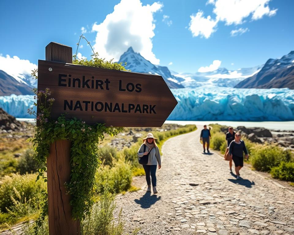 A stunning entrance to Los Glaciares National Park, showcasing the majestic Perito Moreno Glacier. In the foreground, a wooden signpost reading "Eintritt Los Glaciares Nationalpark," partially covered with lush greenery and wildflowers, invites visitors. The middle ground features well-maintained pathways with travelers in modest casual clothing exploring the area, their expressions filled with wonder. The background reveals towering ice formations and deep blue glacial waters, glistening under a clear, bright sky, with soft clouds adding depth. The lighting is bright and vibrant, casting dynamic shadows that accentuate the natural beauty. The composition captures the tranquility and awe of this iconic location, emphasizing a mood of adventure and exploration in nature. A stunning entrance to Los Glaciares National Park, showcasing the majestic Perito Moreno Glacier. In the foreground, a wooden signpost reading "Eintritt Los Glaciares Nationalpark," partially covered with lush greenery and wildflowers, invites visitors. The middle ground features well-maintained pathways with travelers in modest casual clothing exploring the area, their expressions filled with wonder. The background reveals towering ice formations and deep blue glacial waters, glistening under a clear, bright sky, with soft clouds adding depth. The lighting is bright and vibrant, casting dynamic shadows that accentuate the natural beauty. The composition captures the tranquility and awe of this iconic location, emphasizing a mood of adventure and exploration in nature.