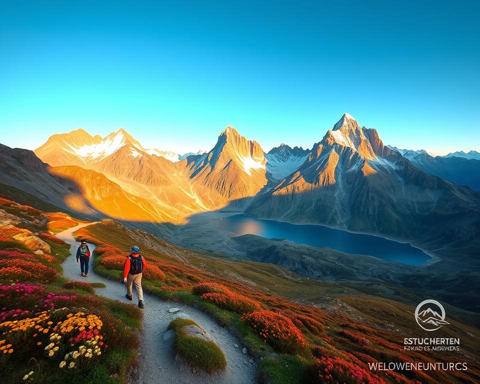A stunning, high-altitude landscape showcasing the majestic peaks of the South American Andes, under a clear blue sky at sunrise. In the foreground, a winding hiking trail leads through vibrant alpine flora, with a few adventurers dressed in modest outdoor gear, enjoying the breathtaking scenery. The mid-ground features a tranquil alpine lake, reflecting the surrounding snow-capped mountains. In the background, towering rugged cliffs rise sharply, their rocky faces illuminated by the soft, golden light of dawn. The atmosphere is serene yet invigorating, capturing the essence of exploration and adventure in a pristine wilderness. The scene is composed with a wide-angle lens to emphasize the grandeur of the landscape, creating a vivid and immersive experience. A stunning, high-altitude landscape showcasing the majestic peaks of the South American Andes, under a clear blue sky at sunrise. In the foreground, a winding hiking trail leads through vibrant alpine flora, with a few adventurers dressed in modest outdoor gear, enjoying the breathtaking scenery. The mid-ground features a tranquil alpine lake, reflecting the surrounding snow-capped mountains. In the background, towering rugged cliffs rise sharply, their rocky faces illuminated by the soft, golden light of dawn. The atmosphere is serene yet invigorating, capturing the essence of exploration and adventure in a pristine wilderness. The scene is composed with a wide-angle lens to emphasize the grandeur of the landscape, creating a vivid and immersive experience.