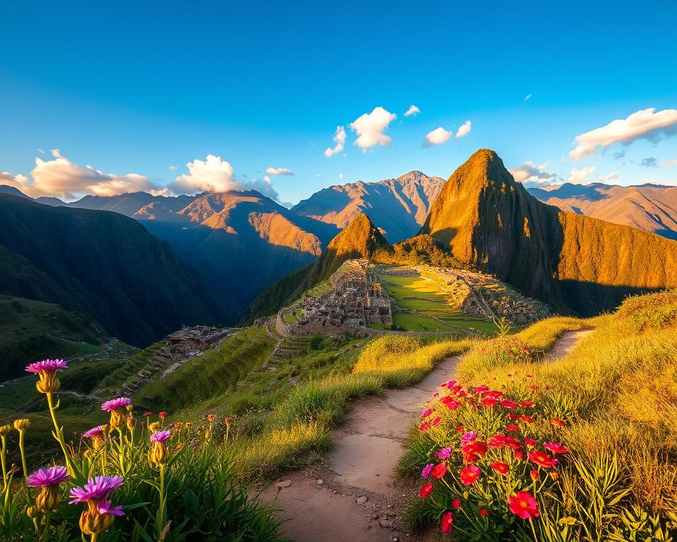 A stunning landscape capturing the essence of Peru during the optimal travel season, showcasing the lush greenery of the Sacred Valley in spring. In the foreground, vibrant wildflowers bloom, with a winding trail leading towards ancient Incan ruins. The middle ground features terraced agricultural fields nestled against rugged mountains, illuminated by golden sunlight. In the background, the majestic peaks of the Andes rise against a clear blue sky, with soft, fluffy clouds scattered across. The overall atmosphere conveys a sense of adventure and tranquility, highlighting the breathtaking natural beauty of Peru. The image should be vivid and colorful, with warm, inviting lighting that emphasizes the diverse geography and rich cultural heritage. Use a wide-angle lens perspective to capture the expansive scenery.