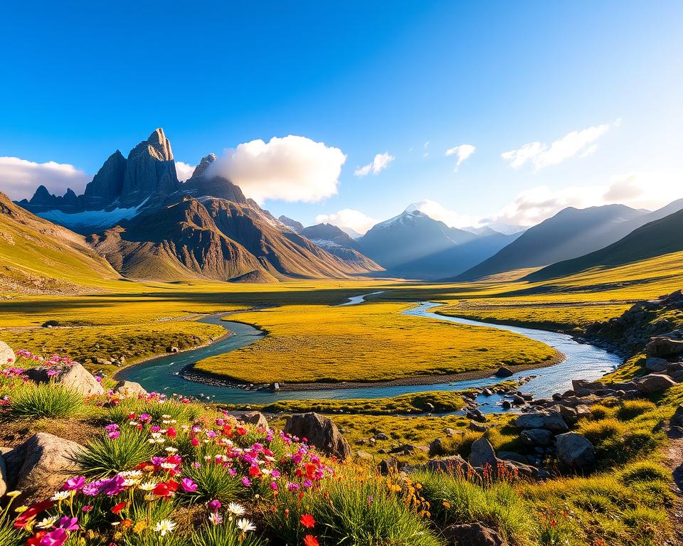 A stunning landscape of Torres del Paine National Park in Patagonia, Chile, during spring. In the foreground, vibrant wildflowers bloom among the rocky terrain, while a winding river reflects the clear blue sky. In the middle ground, the iconic granite peaks of the Torres rise majestically, their rugged surfaces illuminated by the glowing sunlight of early morning, casting long shadows. The background features valleys adorned with lush green grasses and patches of snow. Soft, fluffy clouds float lazily above, enhancing the tranquil atmosphere. The lighting is warm and inviting, giving a sense of optimism for outdoor exploration and adventure. Capture this breathtaking moment with a wide-angle lens, emphasizing the grandeur of the natural scenery. A stunning landscape of Torres del Paine National Park in Patagonia, Chile, during spring. In the foreground, vibrant wildflowers bloom among the rocky terrain, while a winding river reflects the clear blue sky. In the middle ground, the iconic granite peaks of the Torres rise majestically, their rugged surfaces illuminated by the glowing sunlight of early morning, casting long shadows. The background features valleys adorned with lush green grasses and patches of snow. Soft, fluffy clouds float lazily above, enhancing the tranquil atmosphere. The lighting is warm and inviting, giving a sense of optimism for outdoor exploration and adventure. Capture this breathtaking moment with a wide-angle lens, emphasizing the grandeur of the natural scenery.