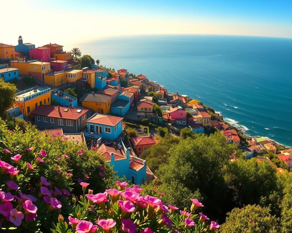 A stunning panoramic view of Miradores Valparaíso, showcasing vibrant hillsides adorned with colorful houses painted in vivid blues, yellows, and pinks. In the foreground, include lush greenery with blooming flowers that add bursts of color. The middle ground features viewing platforms bustling with modestly dressed tourists, soaking in the breathtaking scenery. In the background, the Pacific Ocean glimmers under the warm golden light of a late afternoon sun, creating a serene atmosphere. Capture the essence of this iconic Chilean city, with a focus on its picturesque architecture and natural beauty, using a wide-angle lens to emphasize depth and perspective. The image should evoke a sense of joy and adventure, inviting viewers to explore Valparaíso’s vibrant culture. A stunning panoramic view of Miradores Valparaíso, showcasing vibrant hillsides adorned with colorful houses painted in vivid blues, yellows, and pinks. In the foreground, include lush greenery with blooming flowers that add bursts of color. The middle ground features viewing platforms bustling with modestly dressed tourists, soaking in the breathtaking scenery. In the background, the Pacific Ocean glimmers under the warm golden light of a late afternoon sun, creating a serene atmosphere. Capture the essence of this iconic Chilean city, with a focus on its picturesque architecture and natural beauty, using a wide-angle lens to emphasize depth and perspective. The image should evoke a sense of joy and adventure, inviting viewers to explore Valparaíso’s vibrant culture.