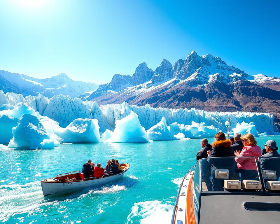A stunning scene of a boat tour at Perito Moreno Glacier in Argentina. In the foreground, a small, elegant tour boat filled with tourists, dressed in casual outdoor clothing, captures the excitement of the experience. In the middle ground, massive icebergs glisten in various shades of blue and white, some calving dramatically into the turquoise waters. In the background, the towering, jagged cliffs of the Perito Moreno Glacier rise majestically under a clear blue sky, illuminated by bright sunlight. The overall atmosphere is vibrant and adventurous, with a sense of awe and discovery as the boat navigates near the impressive glacier. The image is captured from a slightly elevated angle to showcase both the boat and the grandeur of the glacier. A stunning scene of a boat tour at Perito Moreno Glacier in Argentina. In the foreground, a small, elegant tour boat filled with tourists, dressed in casual outdoor clothing, captures the excitement of the experience. In the middle ground, massive icebergs glisten in various shades of blue and white, some calving dramatically into the turquoise waters. In the background, the towering, jagged cliffs of the Perito Moreno Glacier rise majestically under a clear blue sky, illuminated by bright sunlight. The overall atmosphere is vibrant and adventurous, with a sense of awe and discovery as the boat navigates near the impressive glacier. The image is captured from a slightly elevated angle to showcase both the boat and the grandeur of the glacier.