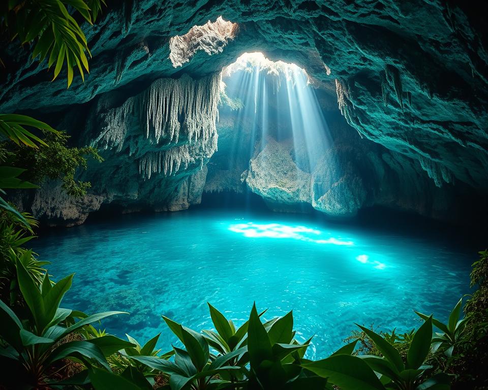 A stunning underground cenote surrounded by lush tropical foliage, illustrating the intricate geological formations that created it. In the foreground, crystal-clear turquoise water reflects a gentle light filtering through natural openings in the rocky ceiling. The middle layer features jagged limestone walls adorned with delicate stalactites and stalagmites, showcasing varying shades of gray and green. The background reveals the vastness of the cavern, with a hint of sunlight seeping in from above, casting ethereal beams across the water's surface. The atmosphere is tranquil and mystical, evoking a sense of wonder and exploration. Soft ambient lighting enhances the enchanting mood, while a wide-angle lens captures the grandeur of this natural wonder, emphasizing the depth and serenity of the cenote. A stunning underground cenote surrounded by lush tropical foliage, illustrating the intricate geological formations that created it. In the foreground, crystal-clear turquoise water reflects a gentle light filtering through natural openings in the rocky ceiling. The middle layer features jagged limestone walls adorned with delicate stalactites and stalagmites, showcasing varying shades of gray and green. The background reveals the vastness of the cavern, with a hint of sunlight seeping in from above, casting ethereal beams across the water's surface. The atmosphere is tranquil and mystical, evoking a sense of wonder and exploration. Soft ambient lighting enhances the enchanting mood, while a wide-angle lens captures the grandeur of this natural wonder, emphasizing the depth and serenity of the cenote.