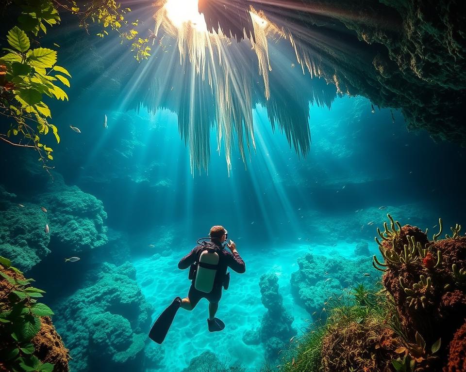 A stunning underwater scene depicting the beauty of cenote diving in Riviera Maya, Mexico. In the foreground, a diver in a professional wetsuit explores a vibrant cenote filled with crystal-clear turquoise water, surrounded by lush green foliage and intricate rock formations. The middle ground features dramatic stalactites hanging from the cave ceiling, illuminated by soft beams of sunlight filtering through the surface. In the background, a serene underwater landscape showcases unique aquatic plants and colorful fish darting around. The atmosphere is tranquil and inviting, conveying a sense of adventure and discovery. Use natural lighting to enhance the vivid colors and add a dynamic depth of field, creating a captivating and immersive experience. A stunning underwater scene depicting the beauty of cenote diving in Riviera Maya, Mexico. In the foreground, a diver in a professional wetsuit explores a vibrant cenote filled with crystal-clear turquoise water, surrounded by lush green foliage and intricate rock formations. The middle ground features dramatic stalactites hanging from the cave ceiling, illuminated by soft beams of sunlight filtering through the surface. In the background, a serene underwater landscape showcases unique aquatic plants and colorful fish darting around. The atmosphere is tranquil and inviting, conveying a sense of adventure and discovery. Use natural lighting to enhance the vivid colors and add a dynamic depth of field, creating a captivating and immersive experience.