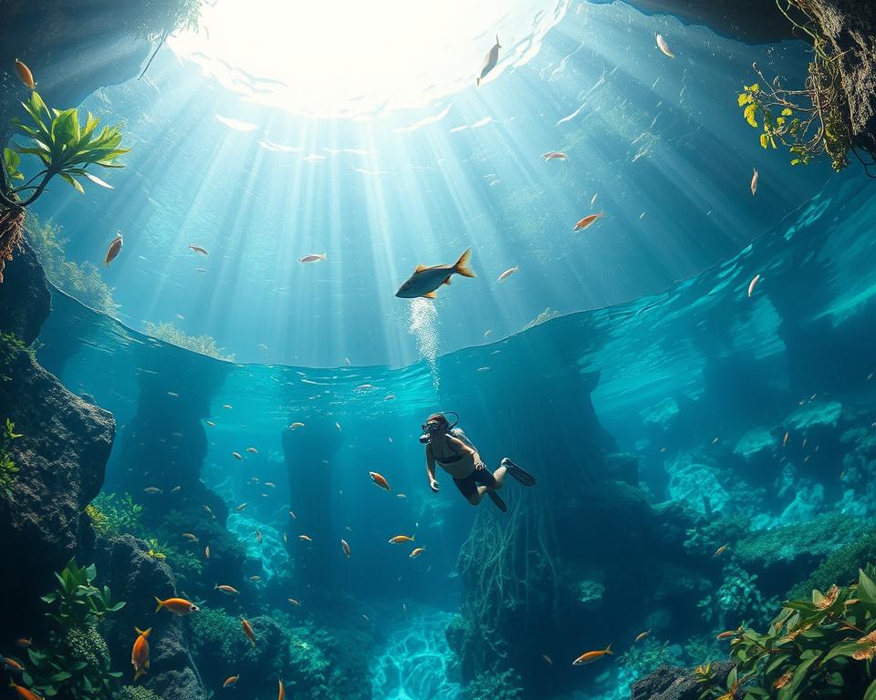 A stunning underwater scene showcasing the beauty of cenotes in Mexico. In the foreground, a diver in modest snorkeling gear gracefully explores a crystal-clear cenote filled with vibrant fish and lush aquatic plants. The middle ground features breathtaking rock formations and submerged roots, creating an enchanting natural habitat. In the background, soft beams of sunlight filter through the surface, illuminating the water with a serene, ethereal glow. The atmosphere conveys tranquility and adventure, inviting viewers to experience the underwater paradise of Mexico. The composition is captured with a wide-angle lens, highlighting the depth and richness of this unique environment. A stunning underwater scene showcasing the beauty of cenotes in Mexico. In the foreground, a diver in modest snorkeling gear gracefully explores a crystal-clear cenote filled with vibrant fish and lush aquatic plants. The middle ground features breathtaking rock formations and submerged roots, creating an enchanting natural habitat. In the background, soft beams of sunlight filter through the surface, illuminating the water with a serene, ethereal glow. The atmosphere conveys tranquility and adventure, inviting viewers to experience the underwater paradise of Mexico. The composition is captured with a wide-angle lens, highlighting the depth and richness of this unique environment.