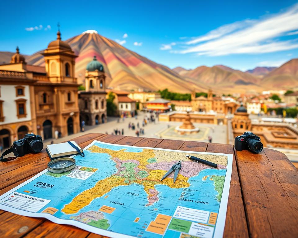 A stunning view of Cusco, Peru, as a vibrant travel planning hub situated in the Andes mountains. In the foreground, a colorful map of the region is spread out on a rustic wooden table, surrounded by travel essentials such as a compass, notebook, and camera. In the middle ground, the iconic architectural elements of Cusco, including the Plaza de Armas and nearby Incan ruins, provide a backdrop. The background features the magnificent Rainbow Mountain, showcasing its unique colorful stripes under a bright blue sky. Soft, warm daylight illuminates the scene, casting gentle shadows and creating an inviting atmosphere. Capture this in a slightly angled view to give depth to the composition while evoking a sense of adventure and exploration. A stunning view of Cusco, Peru, as a vibrant travel planning hub situated in the Andes mountains. In the foreground, a colorful map of the region is spread out on a rustic wooden table, surrounded by travel essentials such as a compass, notebook, and camera. In the middle ground, the iconic architectural elements of Cusco, including the Plaza de Armas and nearby Incan ruins, provide a backdrop. The background features the magnificent Rainbow Mountain, showcasing its unique colorful stripes under a bright blue sky. Soft, warm daylight illuminates the scene, casting gentle shadows and creating an inviting atmosphere. Capture this in a slightly angled view to give depth to the composition while evoking a sense of adventure and exploration.