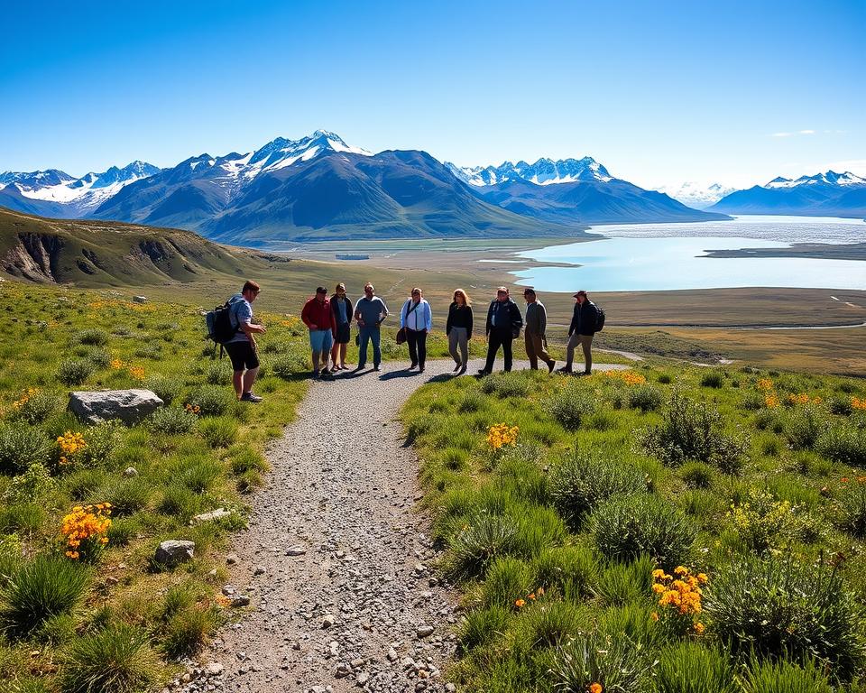 A stunning view of El Calafate, Argentina, showcasing a picturesque landscape as travelers embark on their journey to the majestic Perito Moreno Glacier. In the foreground, a gravel path leads through lush green grass, dotted with vibrant wildflowers. The middle ground features a small group of diverse travelers, clad in casual yet modest outdoor attire, capturing the excitement of their adventure. In the background, the iconic azure lakes reflect the towering Andes mountains under a clear, blue sky. Gentle sunlight bathes the scene, casting soft shadows and creating a warm, inviting atmosphere. The composition is framed from a slight elevation, emphasizing the breathtaking scale of the surroundings, perfect for illustrating the allure of this travel destination. A stunning view of El Calafate, Argentina, showcasing a picturesque landscape as travelers embark on their journey to the majestic Perito Moreno Glacier. In the foreground, a gravel path leads through lush green grass, dotted with vibrant wildflowers. The middle ground features a small group of diverse travelers, clad in casual yet modest outdoor attire, capturing the excitement of their adventure. In the background, the iconic azure lakes reflect the towering Andes mountains under a clear, blue sky. Gentle sunlight bathes the scene, casting soft shadows and creating a warm, inviting atmosphere. The composition is framed from a slight elevation, emphasizing the breathtaking scale of the surroundings, perfect for illustrating the allure of this travel destination.