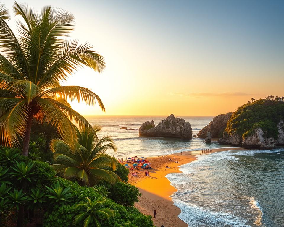 A stunning view of Montezuma's beaches, showcasing golden sandy shores and gentle waves lapping against the coast. In the foreground, vibrant palm trees sway lightly in the breeze, framed by lush tropical foliage. The middle ground features a picturesque beach with beachgoers enjoying the sun, all attired in casual summer clothing, relaxing under colorful umbrellas. In the background, jagged cliffs rise dramatically, dotted with greenery, and the horizon stretches into a tranquil sky painted in soft pastels at sunset. Golden hour lighting casts warm tones across the scene, emphasizing a serene and inviting atmosphere, evoking a sense of paradise. The angle is slightly elevated, providing a panoramic view that captures the beauty of this tropical destination. A stunning view of Montezuma's beaches, showcasing golden sandy shores and gentle waves lapping against the coast. In the foreground, vibrant palm trees sway lightly in the breeze, framed by lush tropical foliage. The middle ground features a picturesque beach with beachgoers enjoying the sun, all attired in casual summer clothing, relaxing under colorful umbrellas. In the background, jagged cliffs rise dramatically, dotted with greenery, and the horizon stretches into a tranquil sky painted in soft pastels at sunset. Golden hour lighting casts warm tones across the scene, emphasizing a serene and inviting atmosphere, evoking a sense of paradise. The angle is slightly elevated, providing a panoramic view that captures the beauty of this tropical destination.