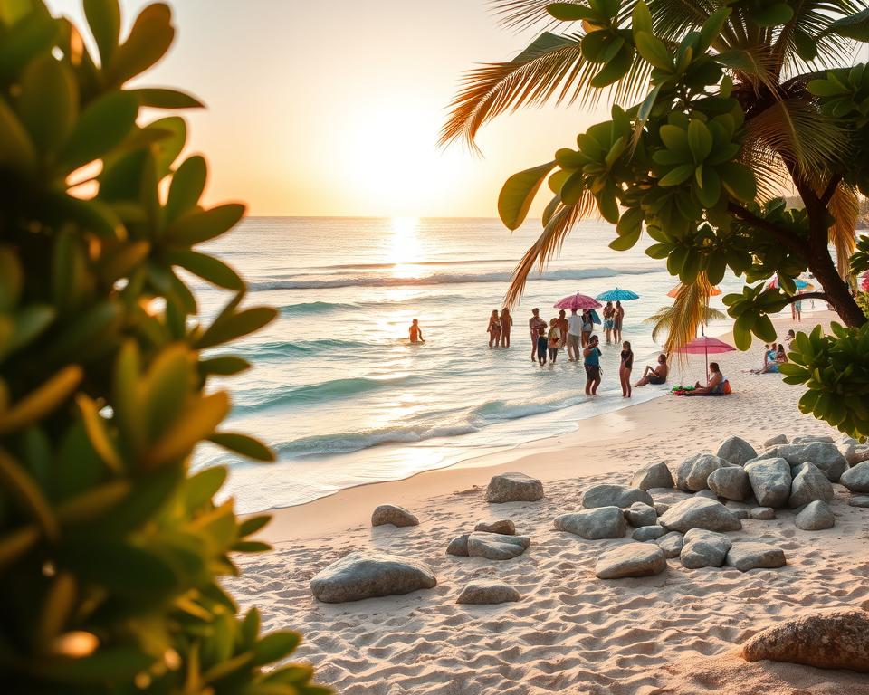 A stunning view of Playa de la Solapa, capturing its picturesque sandy beach and crystal-clear turquoise waters. In the foreground, vibrant tropical foliage frames the scene, with smooth, sun-kissed rocks dotting the shoreline. The middle ground showcases families and friends enjoying the beach, dressed in modest summer attire, taking pictures and relaxing under colorful beach umbrellas. In the background, gentle waves lap at the shore, with a warm, golden sunset casting a soft, enchanting glow over the entire scene, enhancing the tranquil atmosphere. The angle should be slightly elevated to provide a panoramic view of this idyllic location, emphasizing its suitability as a perfect Instagram hotspot. Ideal lighting emphasizes the colors of the sky and water, creating a dreamy, inviting mood. A stunning view of Playa de la Solapa, capturing its picturesque sandy beach and crystal-clear turquoise waters. In the foreground, vibrant tropical foliage frames the scene, with smooth, sun-kissed rocks dotting the shoreline. The middle ground showcases families and friends enjoying the beach, dressed in modest summer attire, taking pictures and relaxing under colorful beach umbrellas. In the background, gentle waves lap at the shore, with a warm, golden sunset casting a soft, enchanting glow over the entire scene, enhancing the tranquil atmosphere. The angle should be slightly elevated to provide a panoramic view of this idyllic location, emphasizing its suitability as a perfect Instagram hotspot. Ideal lighting emphasizes the colors of the sky and water, creating a dreamy, inviting mood.