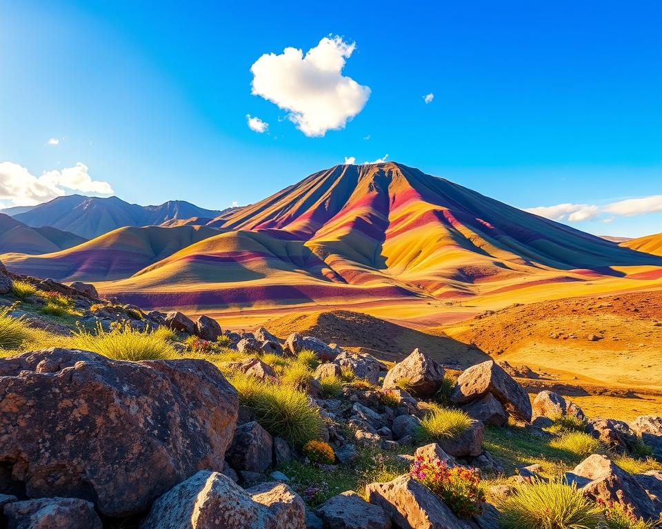 A stunning view of Rainbow Mountain in Peru, showcasing its vibrant layers of red, yellow, green, and blue hues. In the foreground, large, rocky outcrops covered with patches of grass and colorful wildflowers blend harmoniously with the terrain. The middle ground features the undulating hills leading up to the iconic mountain, bathed in soft, golden sunlight, enhancing the colors. The background reveals a clear blue sky with a few fluffy white clouds, creating a serene atmosphere. Capture this landscape with a wide-angle lens, emphasizing the mountain's grandeur and the vivid colors. The lighting suggests early morning or late afternoon, creating a warm glow that invites travelers to explore this breathtaking natural wonder at its best. A stunning view of Rainbow Mountain in Peru, showcasing its vibrant layers of red, yellow, green, and blue hues. In the foreground, large, rocky outcrops covered with patches of grass and colorful wildflowers blend harmoniously with the terrain. The middle ground features the undulating hills leading up to the iconic mountain, bathed in soft, golden sunlight, enhancing the colors. The background reveals a clear blue sky with a few fluffy white clouds, creating a serene atmosphere. Capture this landscape with a wide-angle lens, emphasizing the mountain's grandeur and the vivid colors. The lighting suggests early morning or late afternoon, creating a warm glow that invites travelers to explore this breathtaking natural wonder at its best.