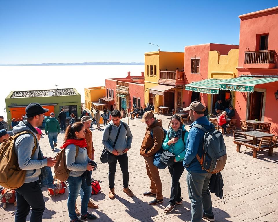 A stunning view of Uyuni, Bolivia, as a vibrant travel hub for exploring the Salar de Uyuni. In the foreground, a small group of travelers wearing modest casual clothing, preparing their supplies and gear, exude excitement and anticipation. The middle ground features traditional Bolivian architecture, with colorful buildings that reflect the local culture, along with outdoor cafés bustling with patrons enjoying local cuisine. The background showcases the breathtaking vastness of the Salar de Uyuni, glistening under the bright midday sun, with the horizon blending into a brilliant blue sky. Soft, diffused lighting enhances the warm and inviting atmosphere, while a wide-angle lens captures the expansive beauty of the landscape, making viewers feel the energy of this unique location.