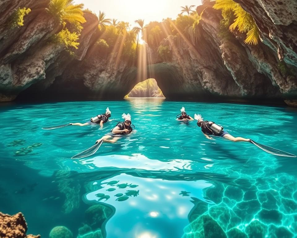 A stunning view of a picturesque cenote in Mexico, surrounded by lush tropical greenery and rocky limestone formations. In the foreground, crystal-clear turquoise water reflects the sunlight, creating mesmerizing ripples. Scuba divers in modest, professional attire explore the underwater landscape, showcasing vibrant coral reefs and schools of colorful fish. The middle ground features a natural rock arch leading to the cenote, where sunlight streams through, illuminating the water with a warm golden glow. In the background, dense jungle and tall palm trees frame the serenity of this diving paradise. The scene conveys a sense of adventure and tranquility, perfect for an underwater exploration setting. The image is captured with a wide-angle lens at a slightly elevated angle to emphasize the depth and beauty of the cenote. A stunning view of a picturesque cenote in Mexico, surrounded by lush tropical greenery and rocky limestone formations. In the foreground, crystal-clear turquoise water reflects the sunlight, creating mesmerizing ripples. Scuba divers in modest, professional attire explore the underwater landscape, showcasing vibrant coral reefs and schools of colorful fish. The middle ground features a natural rock arch leading to the cenote, where sunlight streams through, illuminating the water with a warm golden glow. In the background, dense jungle and tall palm trees frame the serenity of this diving paradise. The scene conveys a sense of adventure and tranquility, perfect for an underwater exploration setting. The image is captured with a wide-angle lens at a slightly elevated angle to emphasize the depth and beauty of the cenote.