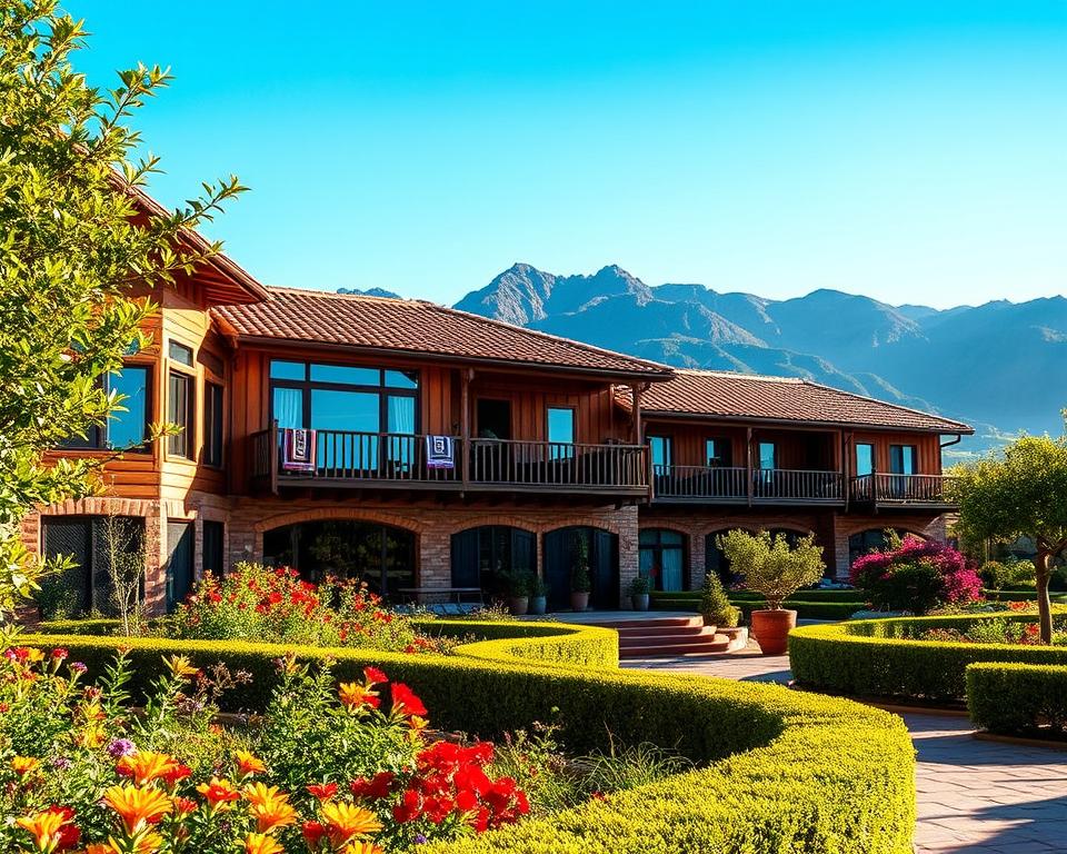 A stunning view of the Boutique Hotel Valle Sagrado, set in the Sacred Valley of Peru, capturing its unique architecture. In the foreground, lush gardens with vibrant native flowers and neatly trimmed hedges frame the entrance. The middle ground showcases the hotel's rustic wooden façade, accented with large windows, inviting balconies adorned with colorful textiles, and terracotta roof tiles. In the background, majestic mountains rise under a clear blue sky, bathed in soft afternoon sunlight that casts gentle shadows. The atmosphere is warm and welcoming, ideal for travelers seeking a peaceful retreat. Use a wide-angle lens to encompass the beauty of the setting, and brighten the scene to enhance the tranquil mood, ensuring no people are present in the image. A stunning view of the Boutique Hotel Valle Sagrado, set in the Sacred Valley of Peru, capturing its unique architecture. In the foreground, lush gardens with vibrant native flowers and neatly trimmed hedges frame the entrance. The middle ground showcases the hotel's rustic wooden façade, accented with large windows, inviting balconies adorned with colorful textiles, and terracotta roof tiles. In the background, majestic mountains rise under a clear blue sky, bathed in soft afternoon sunlight that casts gentle shadows. The atmosphere is warm and welcoming, ideal for travelers seeking a peaceful retreat. Use a wide-angle lens to encompass the beauty of the setting, and brighten the scene to enhance the tranquil mood, ensuring no people are present in the image.