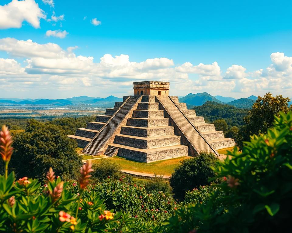 A stunning view of the Cholula Pyramid, showcasing its unique terraced structure and vibrant colors. In the foreground, lush greenery with flowering plants surrounds the base of the pyramid, inviting the viewer in. The middle ground features the impressive pyramid itself, with its ancient layers visible and archaeological details highlighted. In the background, the horizon is adorned with distant mountains under a bright blue sky, scattered with soft white clouds. The scene is bathed in warm, golden sunlight, creating a serene and mystical atmosphere. The angle captures the pyramid's grandeur from a slightly low viewpoint, emphasizing its impressive height and historical significance, while enhancing the overall majesty and uniqueness of this remarkable site. The image is clean and free of any text or markings. A stunning view of the Cholula Pyramid, showcasing its unique terraced structure and vibrant colors. In the foreground, lush greenery with flowering plants surrounds the base of the pyramid, inviting the viewer in. The middle ground features the impressive pyramid itself, with its ancient layers visible and archaeological details highlighted. In the background, the horizon is adorned with distant mountains under a bright blue sky, scattered with soft white clouds. The scene is bathed in warm, golden sunlight, creating a serene and mystical atmosphere. The angle captures the pyramid's grandeur from a slightly low viewpoint, emphasizing its impressive height and historical significance, while enhancing the overall majesty and uniqueness of this remarkable site. The image is clean and free of any text or markings.