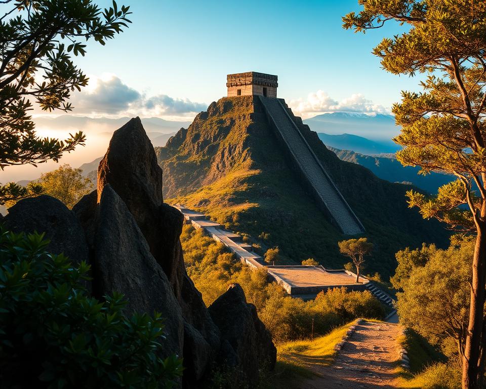 A stunning view of the Tepozteco Pyramid, majestically perched on a rugged mountain peak, surrounded by lush greenery and morning mist. In the foreground, sharp rocky outcrops contrast with vibrant foliage, while the pyramid, crafted from ancient stone, rises elegantly against the azure sky. The middle ground features a path winding up the mountain, hinting at the journey to this sacred site, framed by trees that create a natural border. In the background, distant mountains create a dramatic skyline, partially obscured by soft, fluffy clouds. The scene is illuminated by warm, golden sunlight, casting gentle shadows and enhancing the pyramid's texture, creating a serene and reverent atmosphere that invites contemplation of the ancient Aztec civilization. A stunning view of the Tepozteco Pyramid, majestically perched on a rugged mountain peak, surrounded by lush greenery and morning mist. In the foreground, sharp rocky outcrops contrast with vibrant foliage, while the pyramid, crafted from ancient stone, rises elegantly against the azure sky. The middle ground features a path winding up the mountain, hinting at the journey to this sacred site, framed by trees that create a natural border. In the background, distant mountains create a dramatic skyline, partially obscured by soft, fluffy clouds. The scene is illuminated by warm, golden sunlight, casting gentle shadows and enhancing the pyramid's texture, creating a serene and reverent atmosphere that invites contemplation of the ancient Aztec civilization.