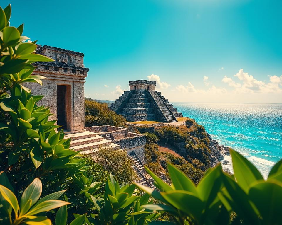A stunning view of the Tulum ruins during the optimal travel season, capturing the essence of the site's historical and natural beauty. In the foreground, vibrant green foliage and tropical plants frame the ancient stone temples, showcasing intricate carvings and Mayan architecture. The middle ground features the iconic structure of El Castillo, basking in warm, golden sunlight that highlights its majestic silhouette against a bright blue sky. In the background, the azure waters of the Caribbean Sea glisten under the sunlight, enhancing the idyllic scenery. The overall atmosphere is serene and inviting, perfect for exploring ancient history while enjoying the pleasant weather. The scene is captured with a wide-angle lens to emphasize the grandeur of the ruins and the surrounding landscape, creating a captivating and immersive experience. A stunning view of the Tulum ruins during the optimal travel season, capturing the essence of the site's historical and natural beauty. In the foreground, vibrant green foliage and tropical plants frame the ancient stone temples, showcasing intricate carvings and Mayan architecture. The middle ground features the iconic structure of El Castillo, basking in warm, golden sunlight that highlights its majestic silhouette against a bright blue sky. In the background, the azure waters of the Caribbean Sea glisten under the sunlight, enhancing the idyllic scenery. The overall atmosphere is serene and inviting, perfect for exploring ancient history while enjoying the pleasant weather. The scene is captured with a wide-angle lens to emphasize the grandeur of the ruins and the surrounding landscape, creating a captivating and immersive experience.