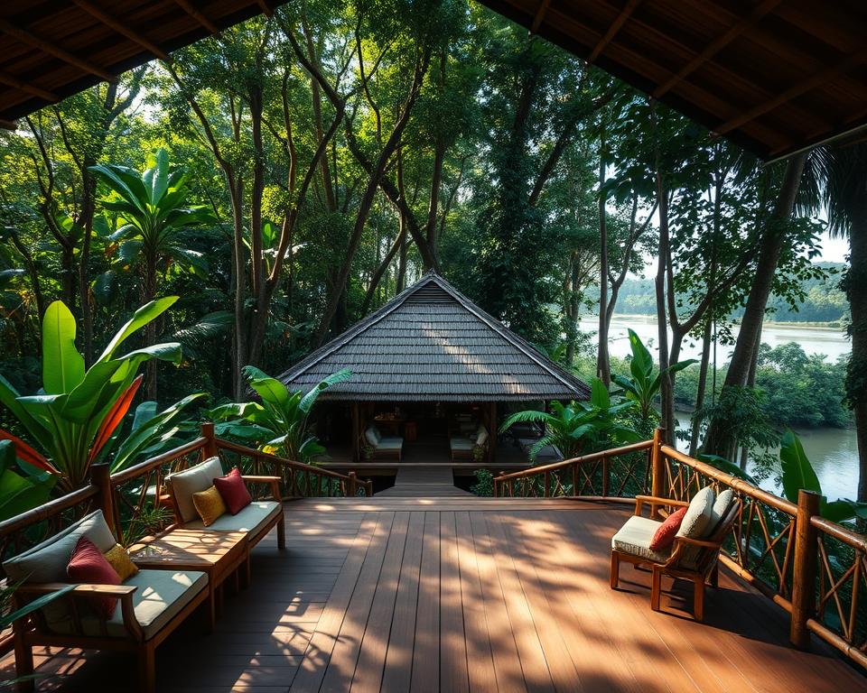 A sustainable lodge in Tortuguero, Costa Rica, surrounded by lush rainforest. In the foreground, there is a wooden deck with comfortable seating made from eco-friendly materials, showcasing views of vibrant tropical plants and wildlife. The middle layer features the lodge itself, constructed with natural materials like bamboo and thatched roofs, seamlessly blending into the environment. In the background, the dark green canopy of the rainforest stretches towards the horizon, with glimpses of the tranquil Tortuguero waterways reflecting the sunlight. Soft, dappled light filters through the trees, creating an inviting and serene atmosphere. Capture this scene with a wide-angle lens, highlighting the harmony between human habitation and nature, evoking a sense of adventure and tranquility in an untouched paradise. A sustainable lodge in Tortuguero, Costa Rica, surrounded by lush rainforest. In the foreground, there is a wooden deck with comfortable seating made from eco-friendly materials, showcasing views of vibrant tropical plants and wildlife. The middle layer features the lodge itself, constructed with natural materials like bamboo and thatched roofs, seamlessly blending into the environment. In the background, the dark green canopy of the rainforest stretches towards the horizon, with glimpses of the tranquil Tortuguero waterways reflecting the sunlight. Soft, dappled light filters through the trees, creating an inviting and serene atmosphere. Capture this scene with a wide-angle lens, highlighting the harmony between human habitation and nature, evoking a sense of adventure and tranquility in an untouched paradise.