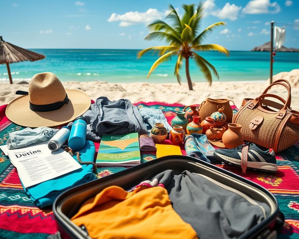 A thoughtfully arranged travel packing list spread out on a vibrant Mexican textile blanket, featuring essential items for a round trip in Mexico, including a sun hat, reusable water bottle, sunscreen, lightweight jacket, travel guidebook, and a pair of comfortable walking shoes. In the foreground, a small, open suitcase is visible, showcasing neatly folded clothes. The middle ground displays colorful souvenirs like ceramic pottery and handwoven bags, evoking a sense of adventure. The background features a picturesque Mexican landscape, such as a beach scene with turquoise waters and palm trees under a bright blue sky, creating a warm, inviting atmosphere. The scene should be illuminated with soft, natural lighting to enhance the vibrant colors. Capture the essence of practical travel preparation while reflecting the spirit of an adventurous Mexican getaway.