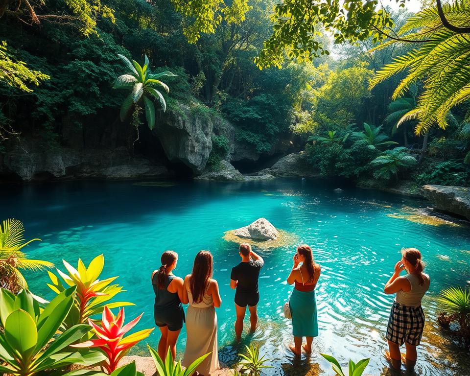 A tranquil Yucatan cenote surrounded by lush greenery, showcasing vibrant flora and crystal-clear water reflecting the sunlight. In the foreground, a small group of environmentally-conscious travelers wearing casual yet modest clothing engage in respectful activities like observing the cenote and photographing its beauty. The middle ground features well-preserved rock formations and the gentle ripples of the water, hinting at the ecological significance of this natural wonder. In the background, dense jungle creates a serene and inviting atmosphere, with sunlight filtering through the tree canopy, casting playful shadows on the water's surface. The overall mood is one of exploration and respect for nature, encouraging sustainable tourism. Use soft, natural lighting with a warm color palette to convey a sense of harmony and tranquility. A tranquil Yucatan cenote surrounded by lush greenery, showcasing vibrant flora and crystal-clear water reflecting the sunlight. In the foreground, a small group of environmentally-conscious travelers wearing casual yet modest clothing engage in respectful activities like observing the cenote and photographing its beauty. The middle ground features well-preserved rock formations and the gentle ripples of the water, hinting at the ecological significance of this natural wonder. In the background, dense jungle creates a serene and inviting atmosphere, with sunlight filtering through the tree canopy, casting playful shadows on the water's surface. The overall mood is one of exploration and respect for nature, encouraging sustainable tourism. Use soft, natural lighting with a warm color palette to convey a sense of harmony and tranquility.