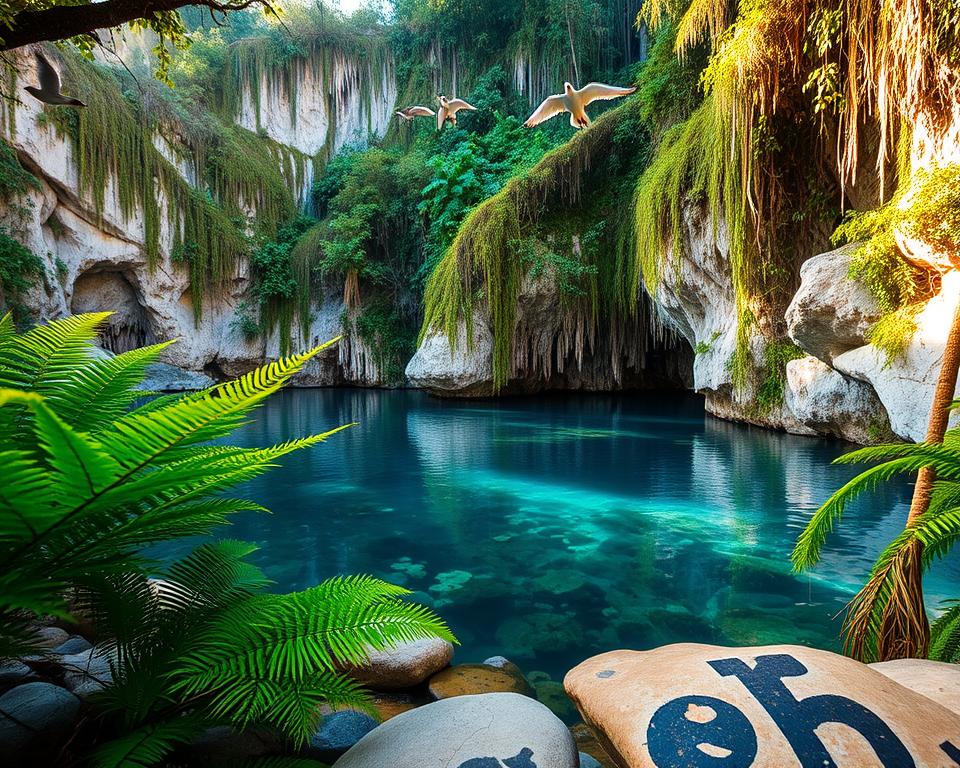 A tranquil cenote in Yucatán at dawn, showcasing crystal-clear water surrounded by lush tropical vegetation. In the foreground, smooth stones and vibrant green ferns create a natural frame, while the middle ground reveals a serene pool, reflecting the soft pastel colors of the sunrise. The background features towering limestone cliffs adorned with various shades of green moss and climbing plants, suggesting the rich biodiversity of the region. The scene is bathed in gentle golden sunlight, casting dappled shadows and enhancing the mystical atmosphere. Include a few birds in flight above the cenote to evoke a sense of freedom and exploration, captured with a wide-angle lens to emphasize the expansive beauty of this hidden gem. The overall mood should be peaceful and inviting, perfect for promoting exploration of Yucatán’s cenotes. A tranquil cenote in Yucatán at dawn, showcasing crystal-clear water surrounded by lush tropical vegetation. In the foreground, smooth stones and vibrant green ferns create a natural frame, while the middle ground reveals a serene pool, reflecting the soft pastel colors of the sunrise. The background features towering limestone cliffs adorned with various shades of green moss and climbing plants, suggesting the rich biodiversity of the region. The scene is bathed in gentle golden sunlight, casting dappled shadows and enhancing the mystical atmosphere. Include a few birds in flight above the cenote to evoke a sense of freedom and exploration, captured with a wide-angle lens to emphasize the expansive beauty of this hidden gem. The overall mood should be peaceful and inviting, perfect for promoting exploration of Yucatán’s cenotes.