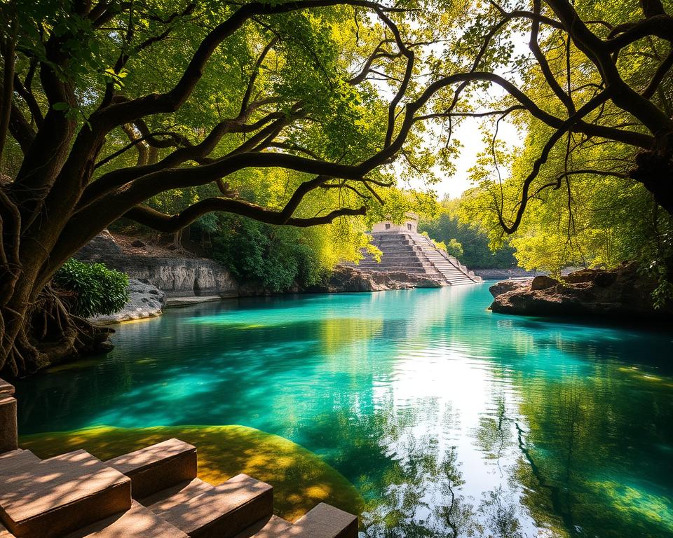 A tranquil cenote surrounded by lush tropical foliage, the crystal-clear water reflecting the vibrant greens of the jungle. In the foreground, ancient stone steps lead down to the water's edge, hinting at sacred rituals once performed here. Majestic trees arch over the cenote, their roots dipping into the water, creating a sense of ancient mystery. Soft, golden sunlight filters through the leaves above, casting a warm glow that enhances the serene atmosphere. The midground features subtle hints of Mayan carvings on nearby rocks, whispering secrets of the past. In the background, a faint silhouette of a distant pyramid peeks through the treetops, merging nature with ancient history. Capture this scene from a slightly elevated angle to highlight the depth and beauty of the cenote, evoking a mood of reverence and tranquility. A tranquil cenote surrounded by lush tropical foliage, the crystal-clear water reflecting the vibrant greens of the jungle. In the foreground, ancient stone steps lead down to the water's edge, hinting at sacred rituals once performed here. Majestic trees arch over the cenote, their roots dipping into the water, creating a sense of ancient mystery. Soft, golden sunlight filters through the leaves above, casting a warm glow that enhances the serene atmosphere. The midground features subtle hints of Mayan carvings on nearby rocks, whispering secrets of the past. In the background, a faint silhouette of a distant pyramid peeks through the treetops, merging nature with ancient history. Capture this scene from a slightly elevated angle to highlight the depth and beauty of the cenote, evoking a mood of reverence and tranquility.