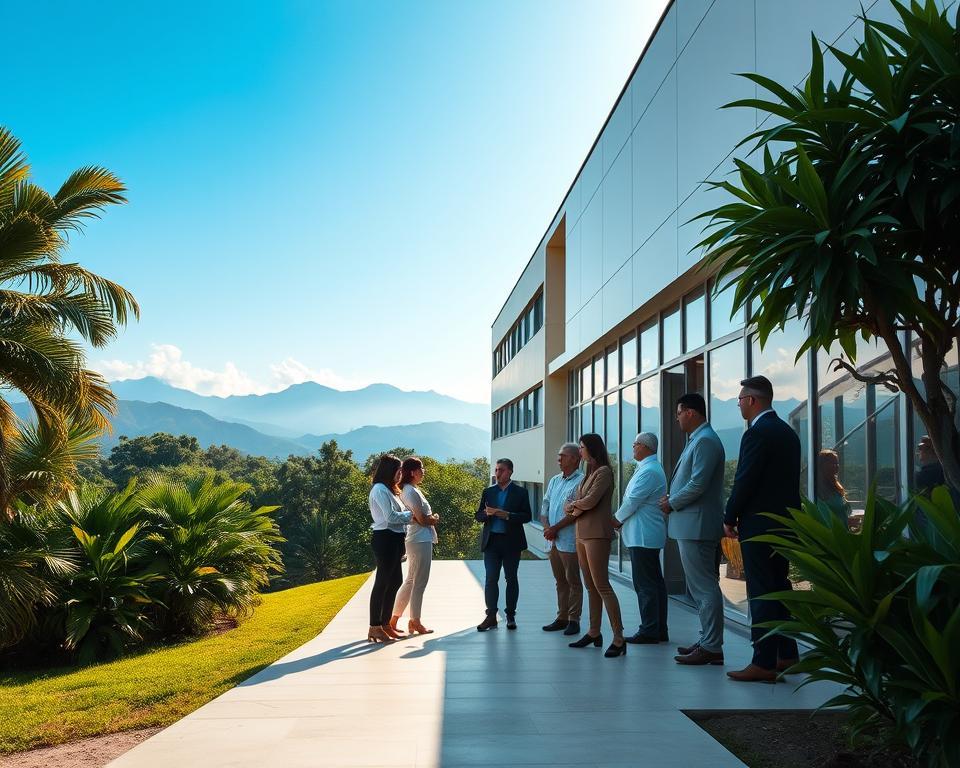 A tranquil healthcare scene showcasing a modern hospital in Honduras, situated in the foreground with clear glass windows reflecting the warm sunlight. In the middle ground, a diverse group of professionals in modest business attire discuss health insurance options, emphasizing the concept of travel health insurance. Lush greenery surrounds the hospital, providing a sense of safety and serenity. The background features distant mountains under a clear blue sky, symbolizing the beauty of Honduras. The lighting is bright and inviting, creating a hopeful and reassuring atmosphere. Capture this moment from a slightly elevated angle to convey a sense of overview, highlighting both the hospital's architecture and the engaging interactions among the professionals. A tranquil healthcare scene showcasing a modern hospital in Honduras, situated in the foreground with clear glass windows reflecting the warm sunlight. In the middle ground, a diverse group of professionals in modest business attire discuss health insurance options, emphasizing the concept of travel health insurance. Lush greenery surrounds the hospital, providing a sense of safety and serenity. The background features distant mountains under a clear blue sky, symbolizing the beauty of Honduras. The lighting is bright and inviting, creating a hopeful and reassuring atmosphere. Capture this moment from a slightly elevated angle to convey a sense of overview, highlighting both the hospital's architecture and the engaging interactions among the professionals.